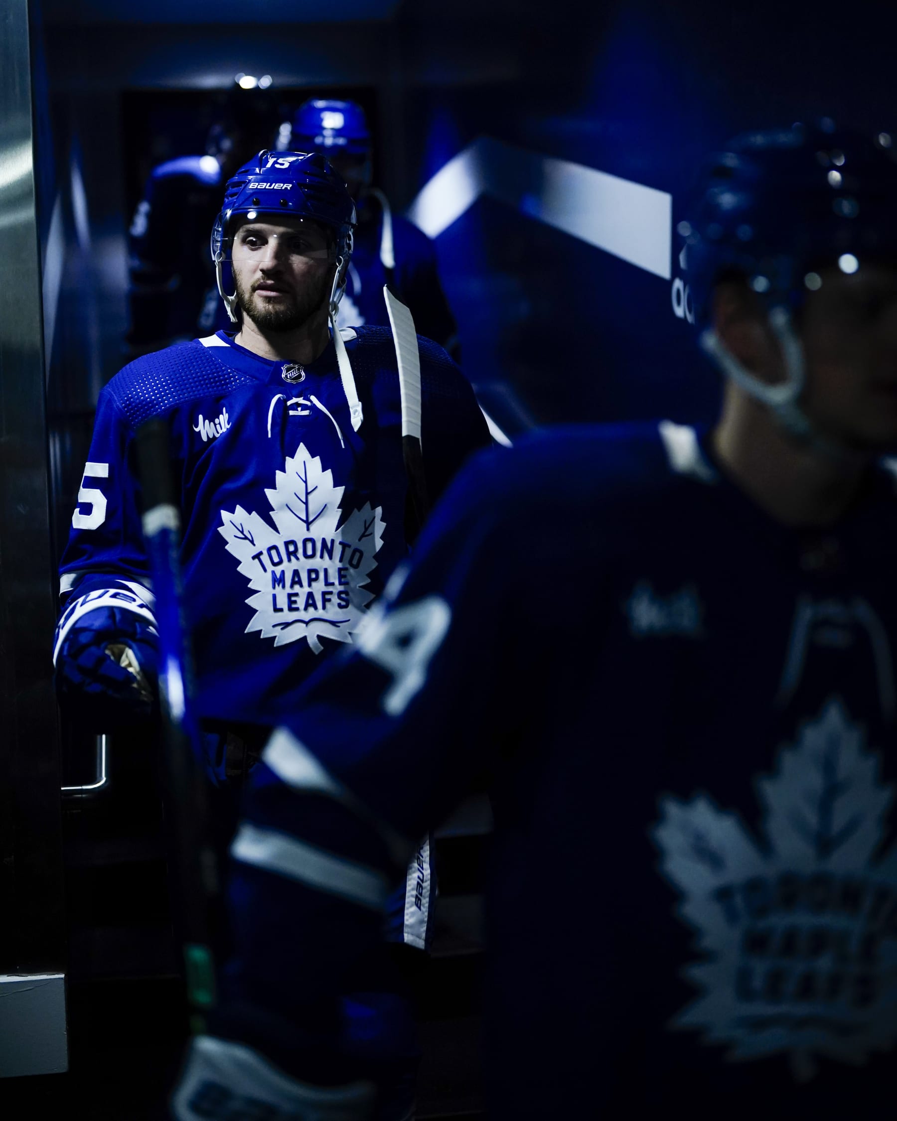 TORONTO, ON - MAY 4: Alexander Kerfoot #15 of the Toronto Maple Leafs walks to the ice for warm-up before facing the Florida Panthers in Game Two of the Second Round of the 2023 Stanley Cup Playoffs at the Scotiabank Arena on May 4, 2023 in Toronto, Ontario, Canada. (Photo by Mark Blinch/NHLI via Getty Images)