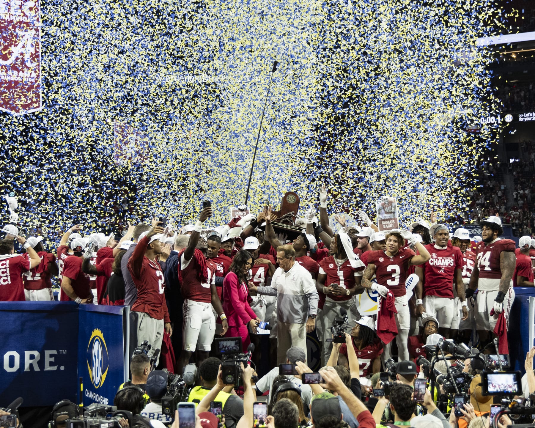 ATLANTA, GEORGIA - DECEMBER 2: Alabama Crimson Tide wins the SEC Championship during a game between University of Georgia and University of Alabama at Mercedes-Benz Stadium on December 2, 2023 in Atlanta, Georgia. (Photo by Steve Limentani/ISI Photos/Getty Images)