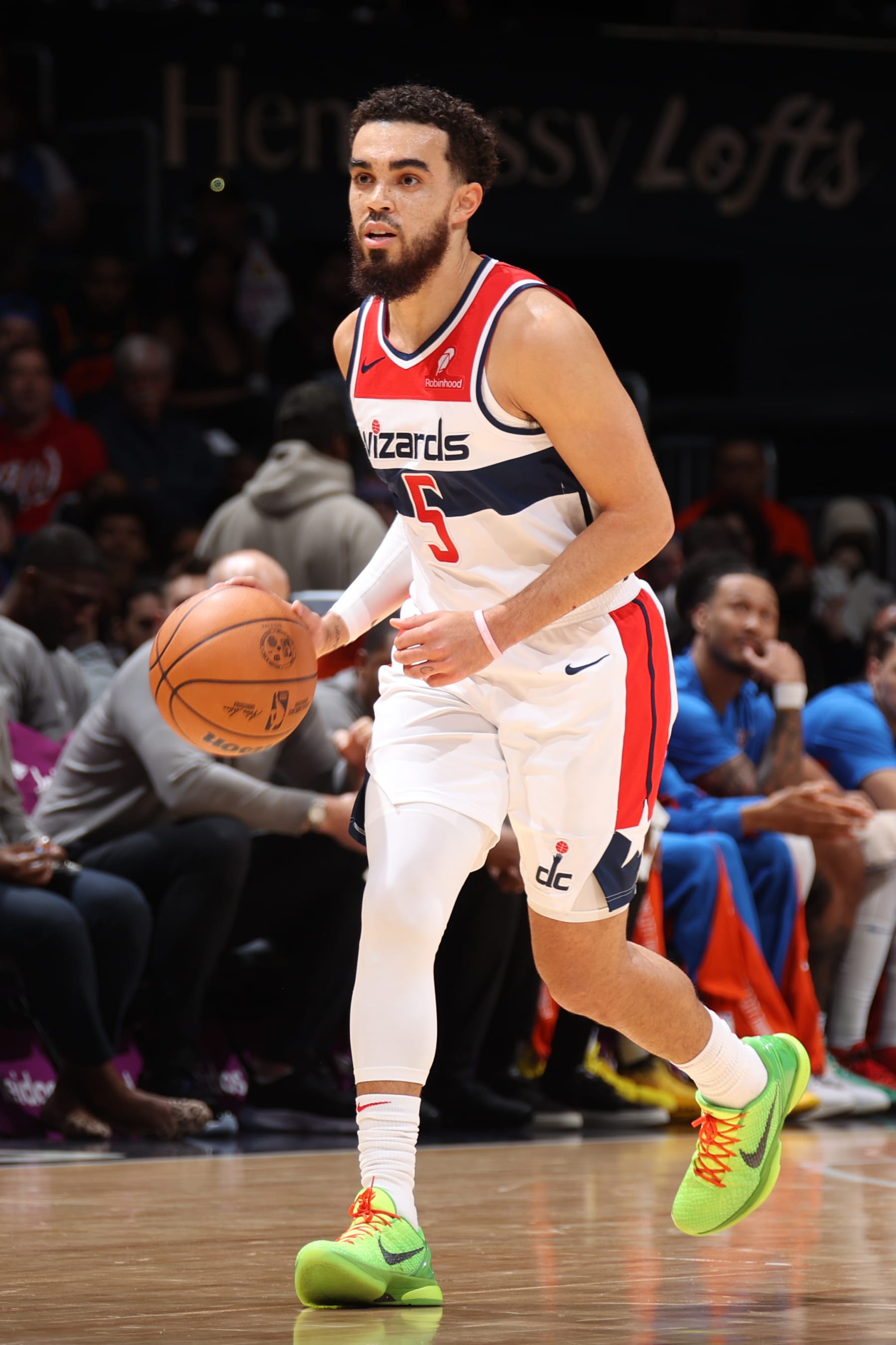 WASHINGTON, DC -  JANUARY 8: Tyus Jones #5 of the Washington Wizards dribbles the ball during the game against the Oklahoma City Thunder on January 8, 2024 at Capital One Arena in Washington, DC. NOTE TO USER: User expressly acknowledges and agrees that, by downloading and or using this Photograph, user is consenting to the terms and conditions of the Getty Images License Agreement. Mandatory Copyright Notice: Copyright 2024 NBAE (Photo by Stephen Gosling/NBAE via Getty Images)