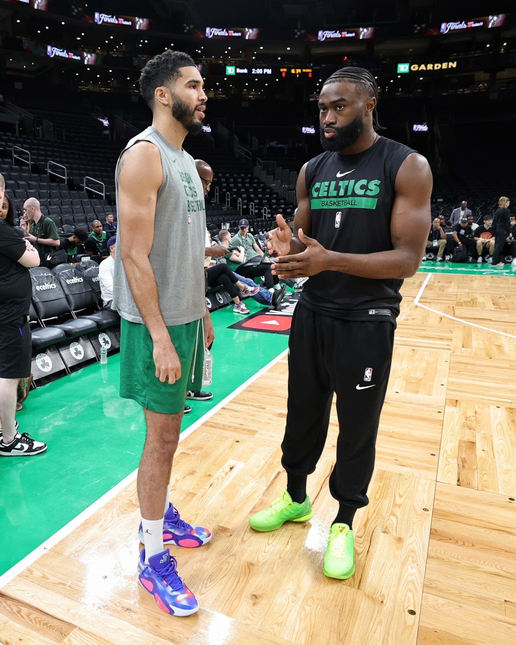 BOSTON, MA - JUNE 8: Jayson Tatum #0 of the Boston Celtics and Jaylen Brown #7 of the Boston Celtics look on during 2024 NBA Finals Practice and Media Availability on June 8, 2024 at the TD Garden in Boston, Massachusetts. NOTE TO USER: User expressly acknowledges and agrees that, by downloading and or using this photograph, User is consenting to the terms and conditions of the Getty Images License Agreement. Mandatory Copyright Notice: Copyright 2024 NBAE  (Photo by Jim Poorten/NBAE via Getty Images)