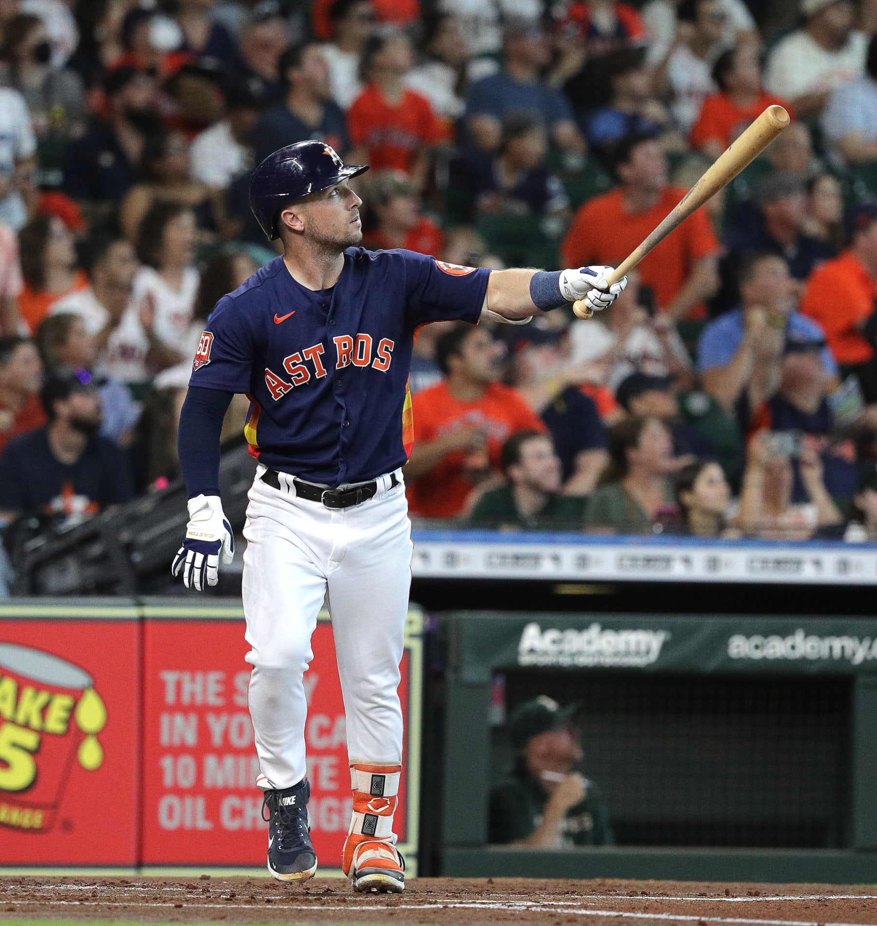 HOUSTON, TEXAS - AUGUST 14: Alex Bregman #2 of the Houston Astros hits a two run home run in the first inning against the Oakland Athletics at Minute Maid Park on August 14, 2022 in Houston, Texas. (Photo by Bob Levey/Getty Images)