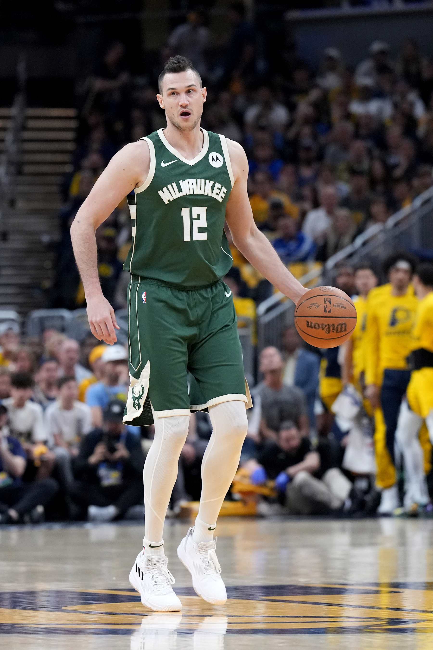 INDIANAPOLIS, INDIANA - APRIL 28: Danilo Gallinari #12 of the Milwaukee Bucks dribbles the ball during the first half of Game Four of the Eastern Conference First Round Playoffs against the Indiana Pacers at Gainbridge Fieldhouse on April 28, 2024 in Indianapolis, Indiana. NOTE TO USER: User expressly acknowledges and agrees that, by downloading and or using this photograph, User is consenting to the terms and conditions of the Getty Images License Agreement. (Photo by Emilee Chinn/Getty Images)