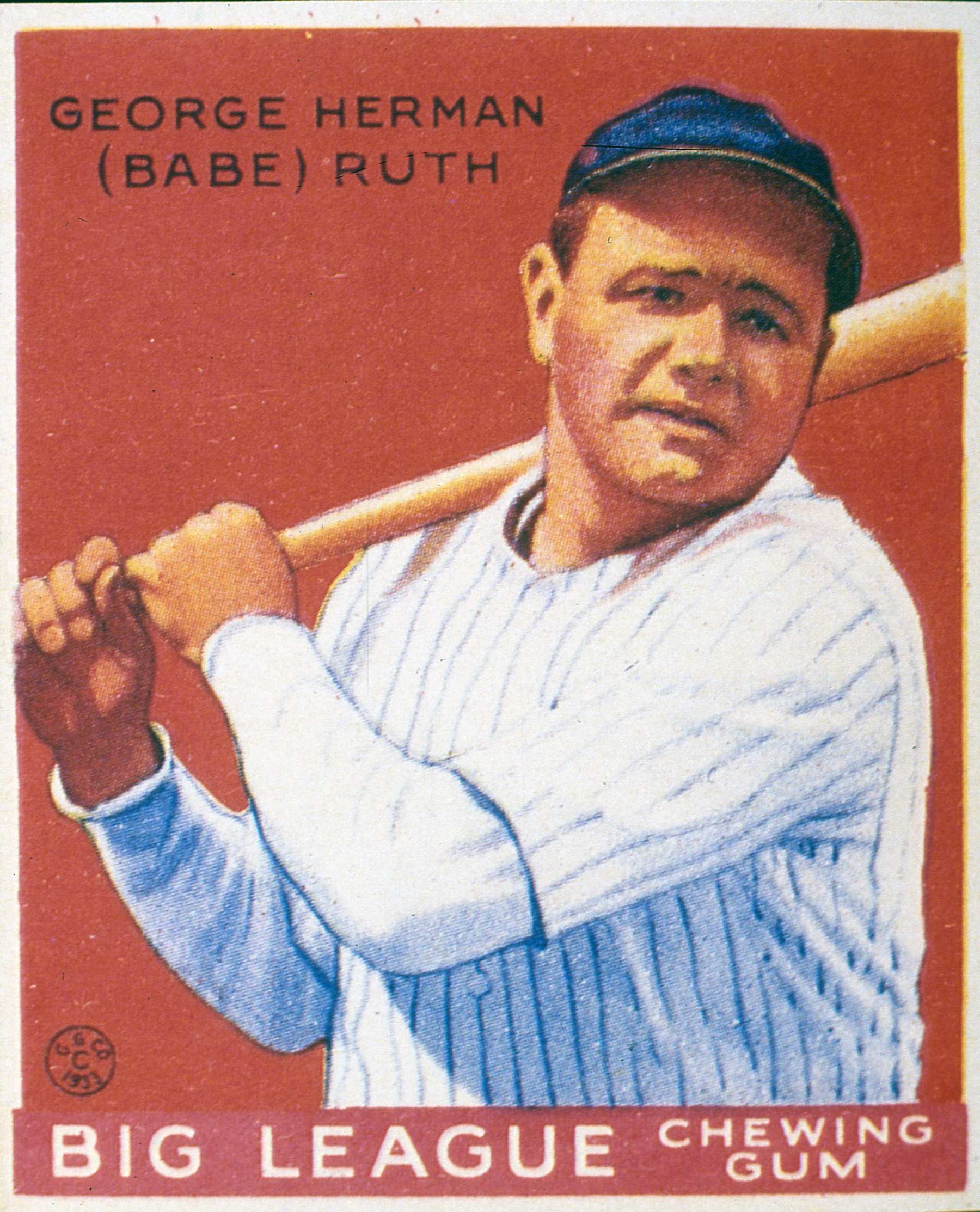 UNITED STATES - CIRCA 1933:  George Herman 'Babe' Ruth Swings, 1933:Color lithograph portrait of George Heramn "Babe" Ruth swinging a bat, The image is from a trading card published by the Goudey Gum Company to publicize Big League Chewing Gum, 01/01/1933  (Photo by Transcendental Graphics/Getty Images)
