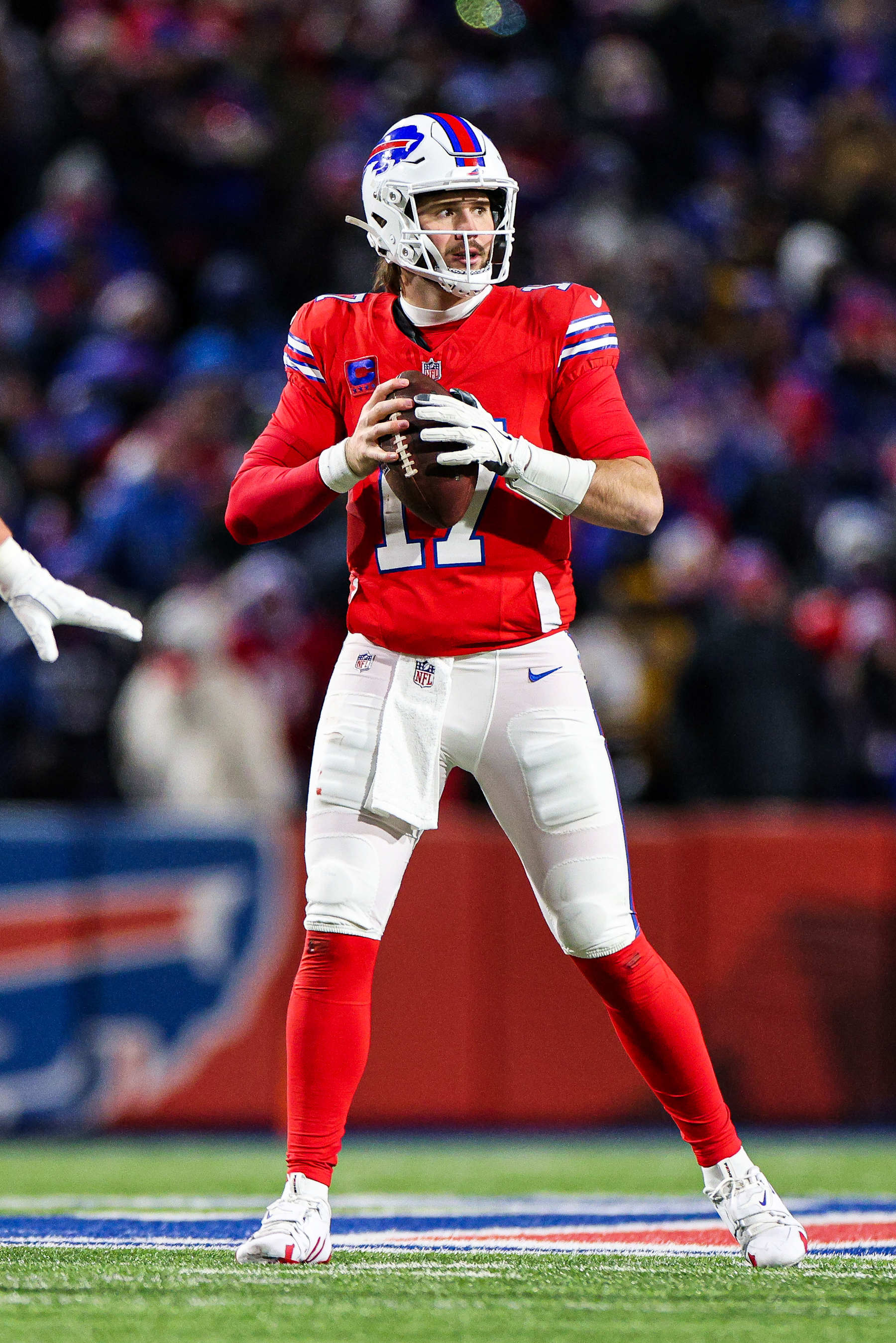 ORCHARD PARK, NEW YORK - DECEMBER 22: Josh Allen #17 of the Buffalo Bills looks to pass during the fourth quarter against the New England Patriots at Highmark Stadium on December 22, 2024 in Orchard Park, New York. (Photo by Bryan Bennett/Getty Images)
