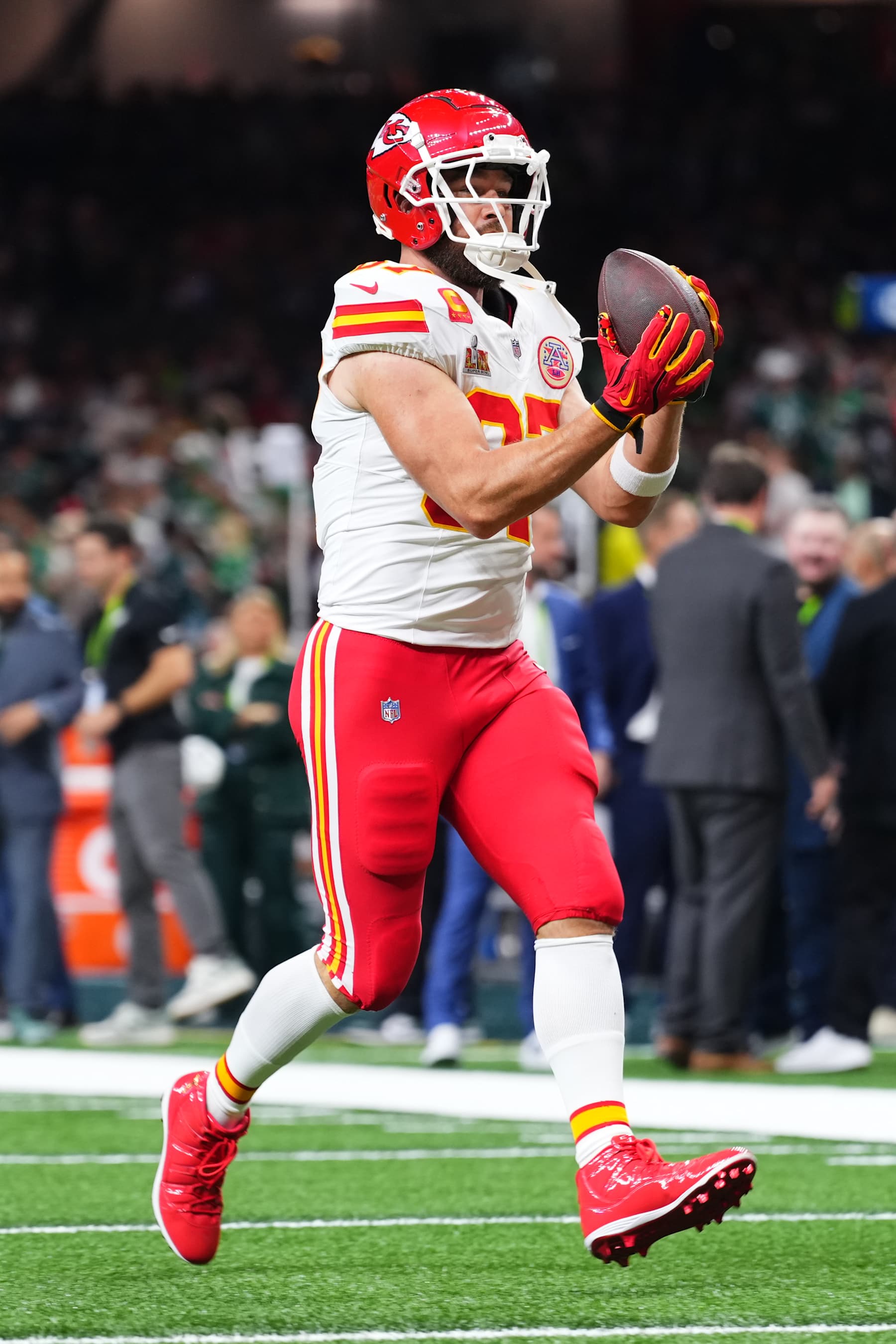 NEW ORLEANS, LA - FEBRUARY 09: Travis Kelce #87 of the Kansas City Chiefs warms up prior to Super Bowl LIX against the Philadelphia Eagles at Caesars Superdome on February 9, 2025 in New Orleans, Louisiana. (Photo by Cooper Neill/Getty Images)