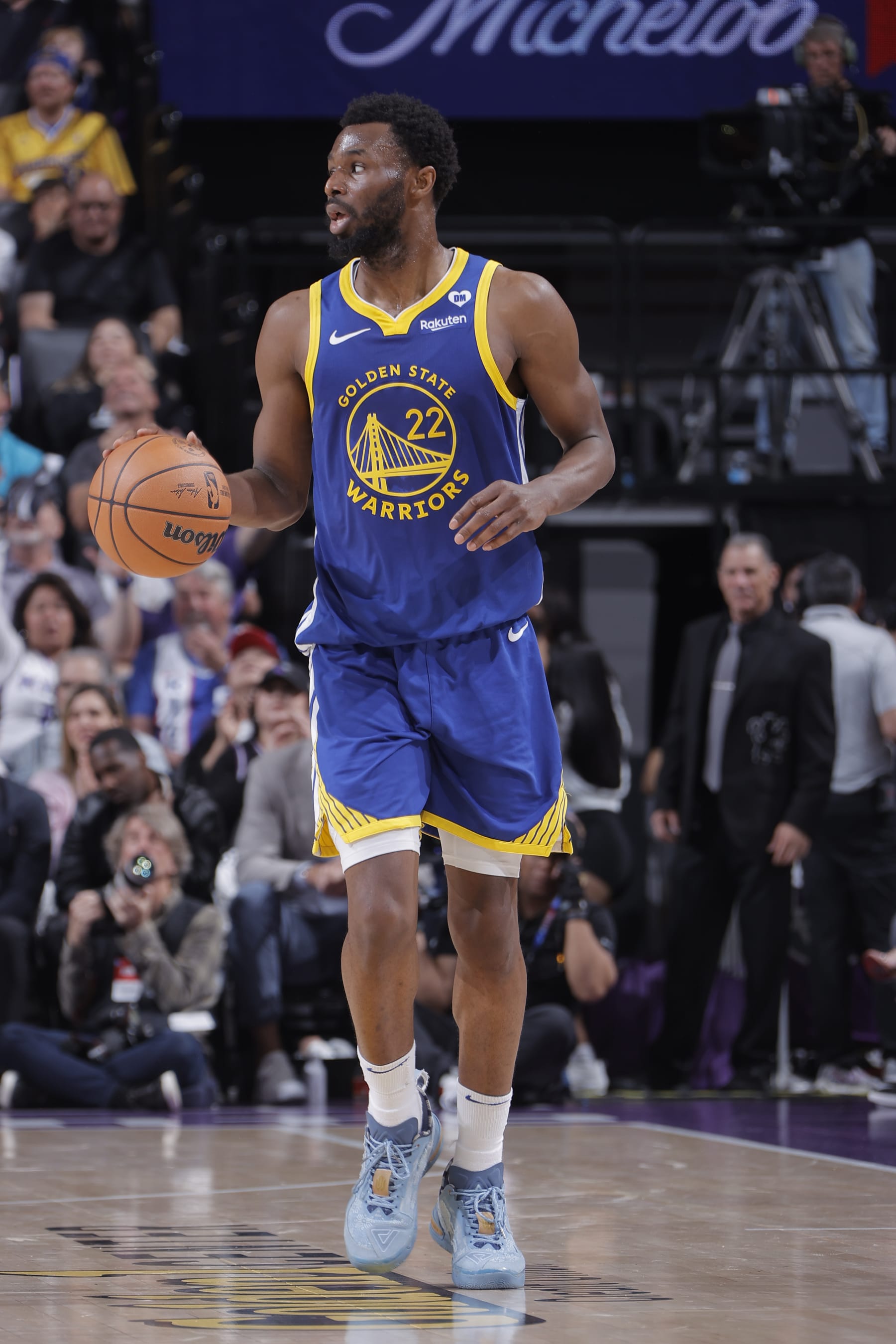 SACRAMENTO, CA - APRIL 16: Andrew Wiggins #22 of the Golden State Warriors dribbles the ball during the game against the Sacramento Kings during the 2024 Play-In Tournament on April 16, 2024 at Golden 1 Center in Sacramento, California. NOTE TO USER: User expressly acknowledges and agrees that, by downloading and or using this Photograph, user is consenting to the terms and conditions of the Getty Images License Agreement. Mandatory Copyright Notice: Copyright 2024 NBAE (Photo by Rocky Widner/NBAE via Getty Images)