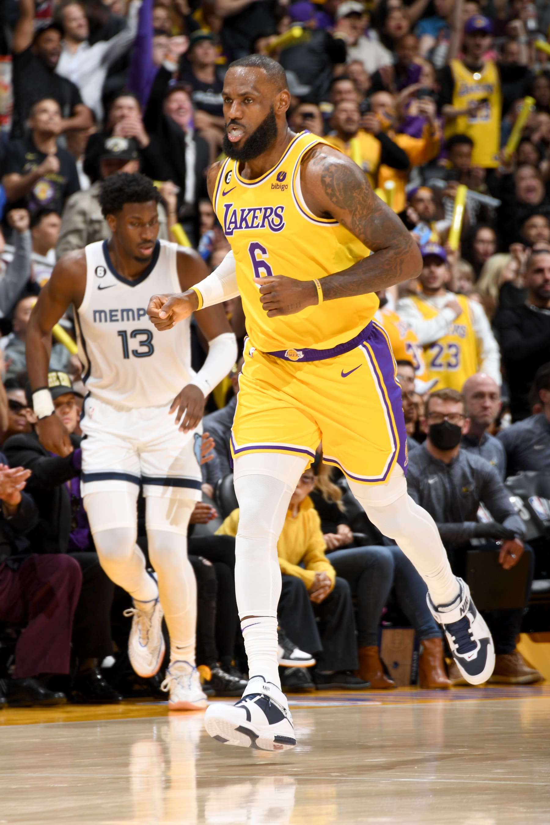 LOS ANGELES, CA - APRIL 28: LeBron James #6 of the Los Angeles Lakers moves the ball during Round 1 Game 6 of the 2023 NBA Playoffs on April 28, 2023 at Crypto.Com Arena in Los Angeles, California. NOTE TO USER: User expressly acknowledges and agrees that, by downloading and/or using this Photograph, user is consenting to the terms and conditions of the Getty Images License Agreement. Mandatory Copyright Notice: Copyright 2023 NBAE (Photo by Andrew D. Bernstein/NBAE via Getty Images)