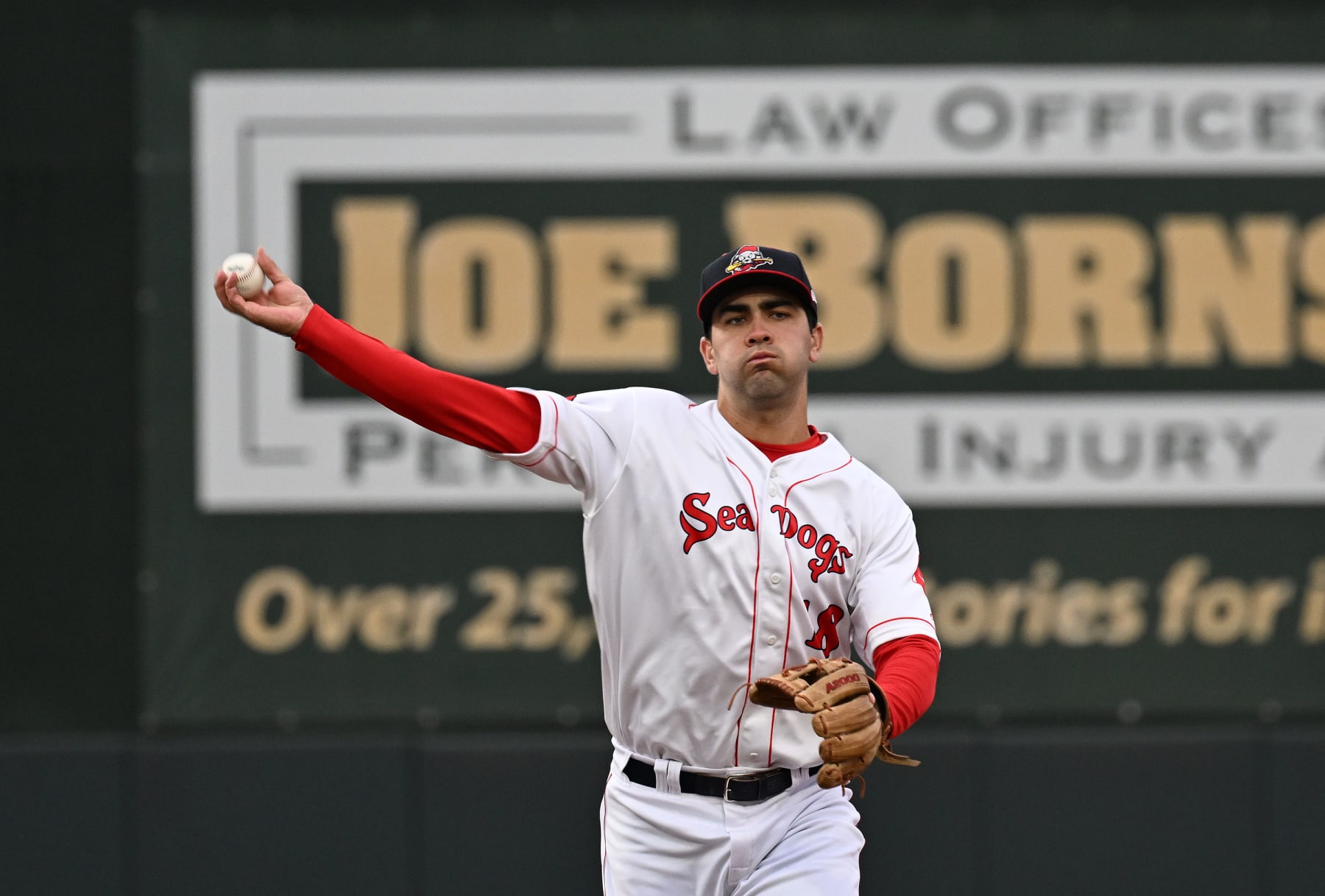 PORTLAND, ME - APRIL 30: Sea Dogs's Marcelo Mayer throws to first against the Reading Fighting Phils Tuesday, April 30, 2024. (Shawn Patrick Ouellette/Portland Press Herald via Getty Images)