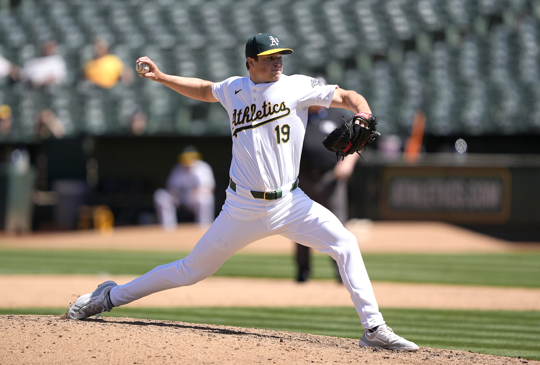 OAKLAND, CALIFORNIA - MAY 01: Mason Miller #19 of the Oakland Athletics pitches against the Pittsburgh Pirates in the top of the ninth inning on May 1, 2024 at the Oakland Coliseum in Oakland, California. (Photo by Thearon W. Henderson/Getty Images)