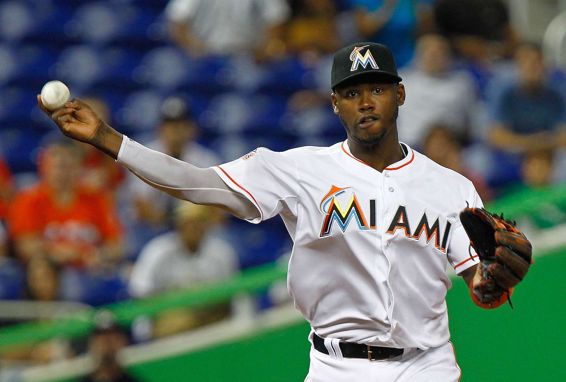 MIAMI, FL - MAY 21:  Hanley Ramirez #2 of the Miami Marlins makes a throw to first during a game against the Colorado Rockies at Marlins Park on May 21, 2012 in Miami, Florida.  (Photo by Mike Ehrmann/Getty Images)