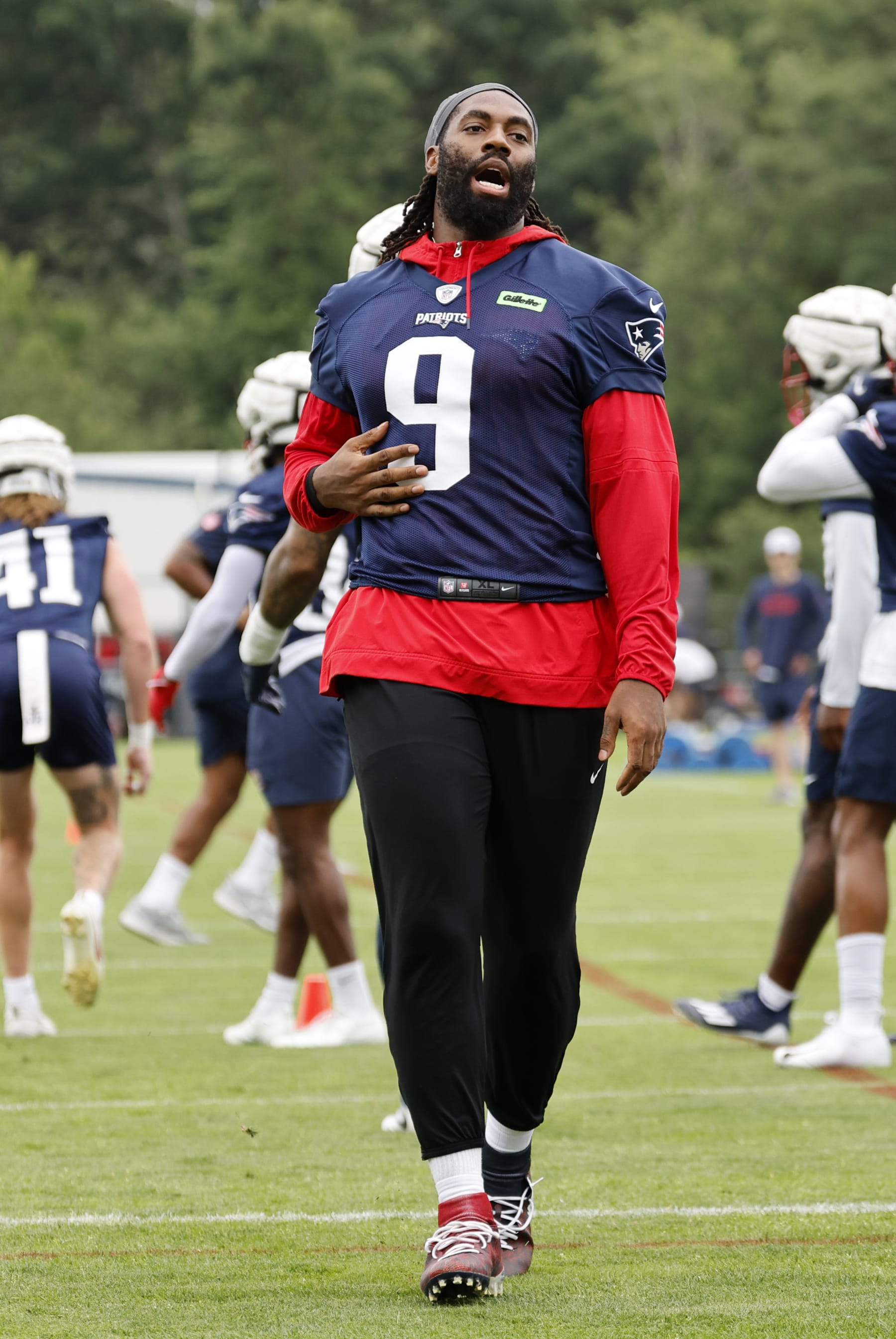 FOXBOROUGH, MA - JULY 25: New England Patriots outside linebacker Matthew Judon (9) finishes the agility course during New England Patriots Training Camp on July 25, 2024, at Gillette Stadium in Foxborough, Massachusetts. (Photo by Fred Kfoury III/Icon Sportswire via Getty Images)