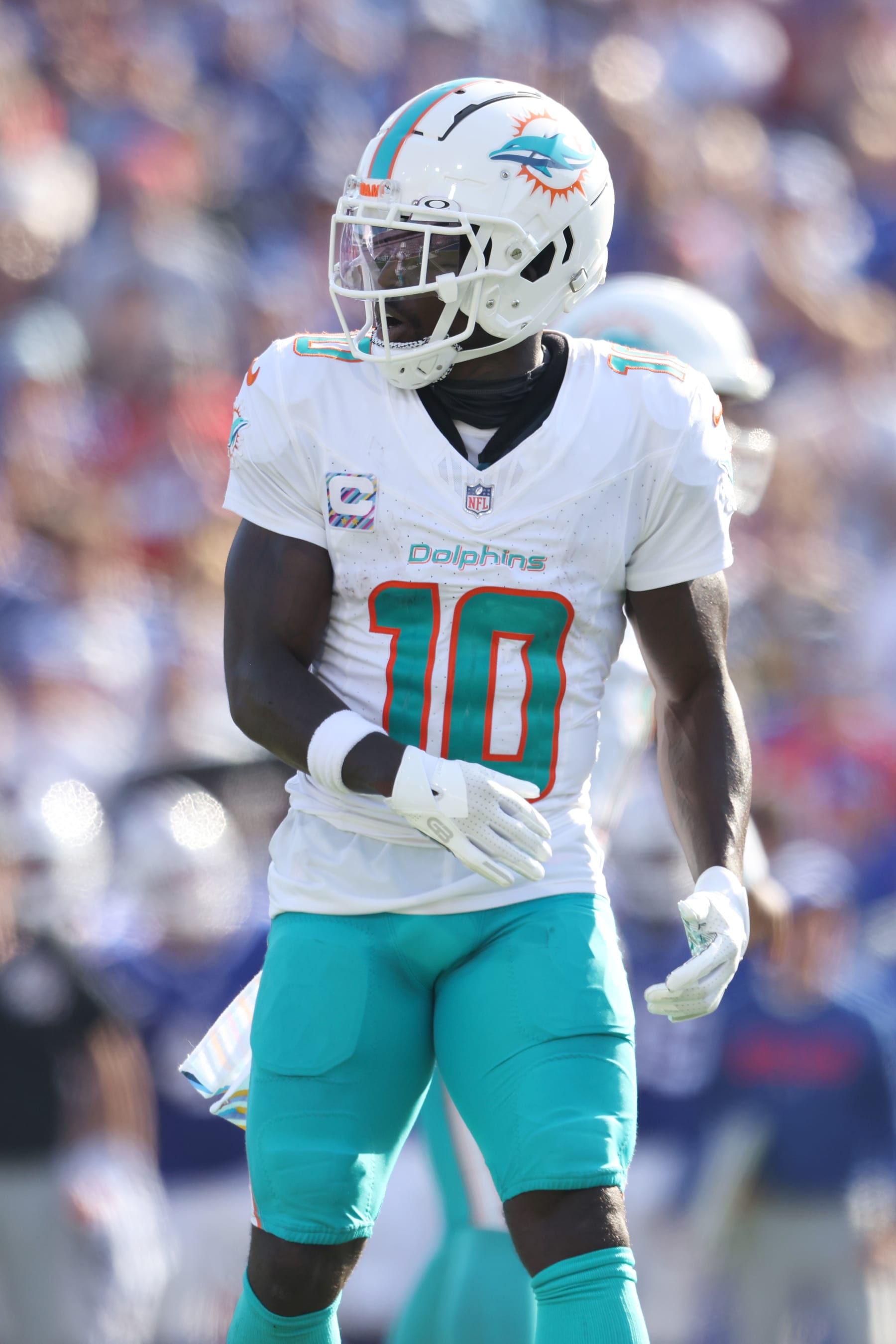 ORCHARD PARK, NEW YORK - OCTOBER 01: Tyreek Hill #10 of the Miami Dolphins lines up during the fourth quarter against the Buffalo Bills at Highmark Stadium on October 01, 2023 in Orchard Park, New York. (Photo by Bryan Bennett/Getty Images)