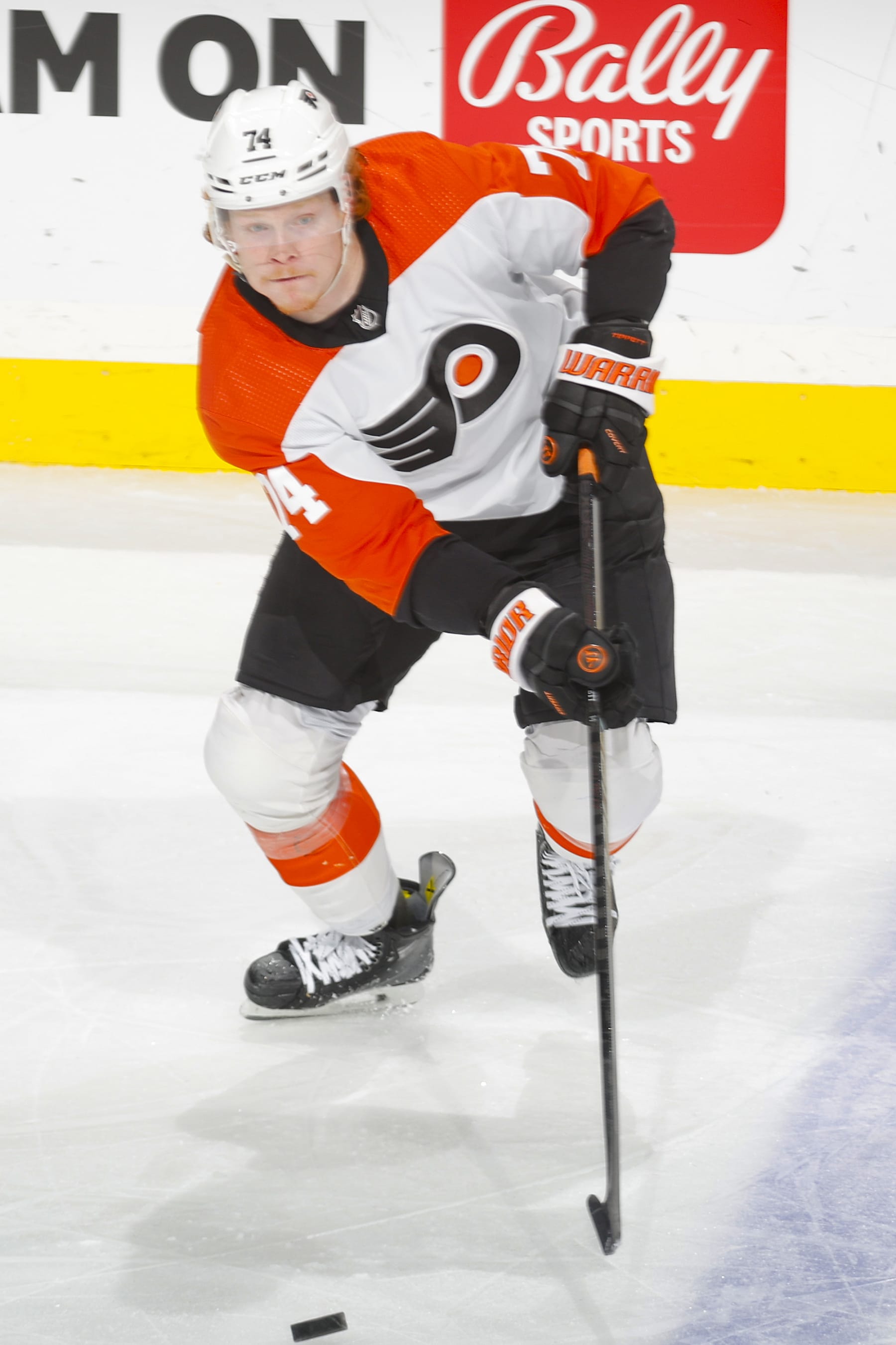 SAINT PAUL, MN - JANUARY 12: Owen Tippett #74 of the Philadelphia Flyers skates with the puck against the Minnesota Wild during the game at the Xcel Energy Center on January 12, 2024 in Saint Paul, Minnesota. (Photo by Bruce Kluckhohn/NHLI via Getty Images)