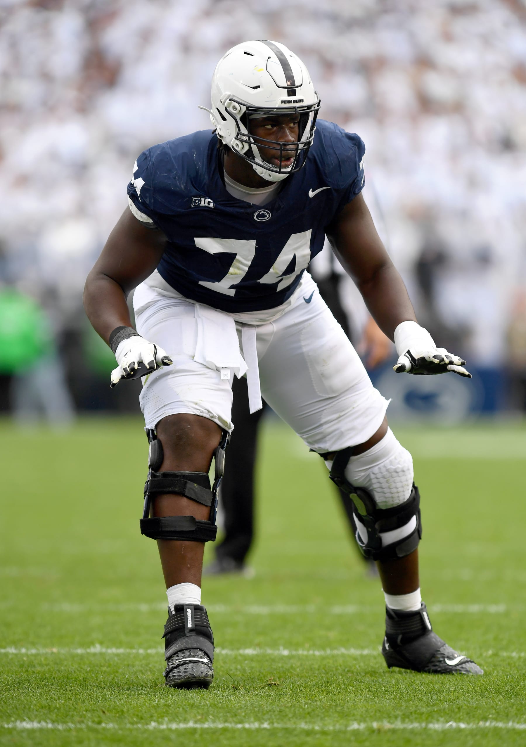 UNIVERSITY PARK, PA - NOVEMBER 11: Penn State tackle Olumuyiwa Olu Fashanu (74) pass blocks during the Michigan Wolverines versus Penn State Nittany Lions game on November 11, 2023 at Beaver Stadium in University Park, PA. (Photo by Randy Litzinger/Icon Sportswire via Getty Images)