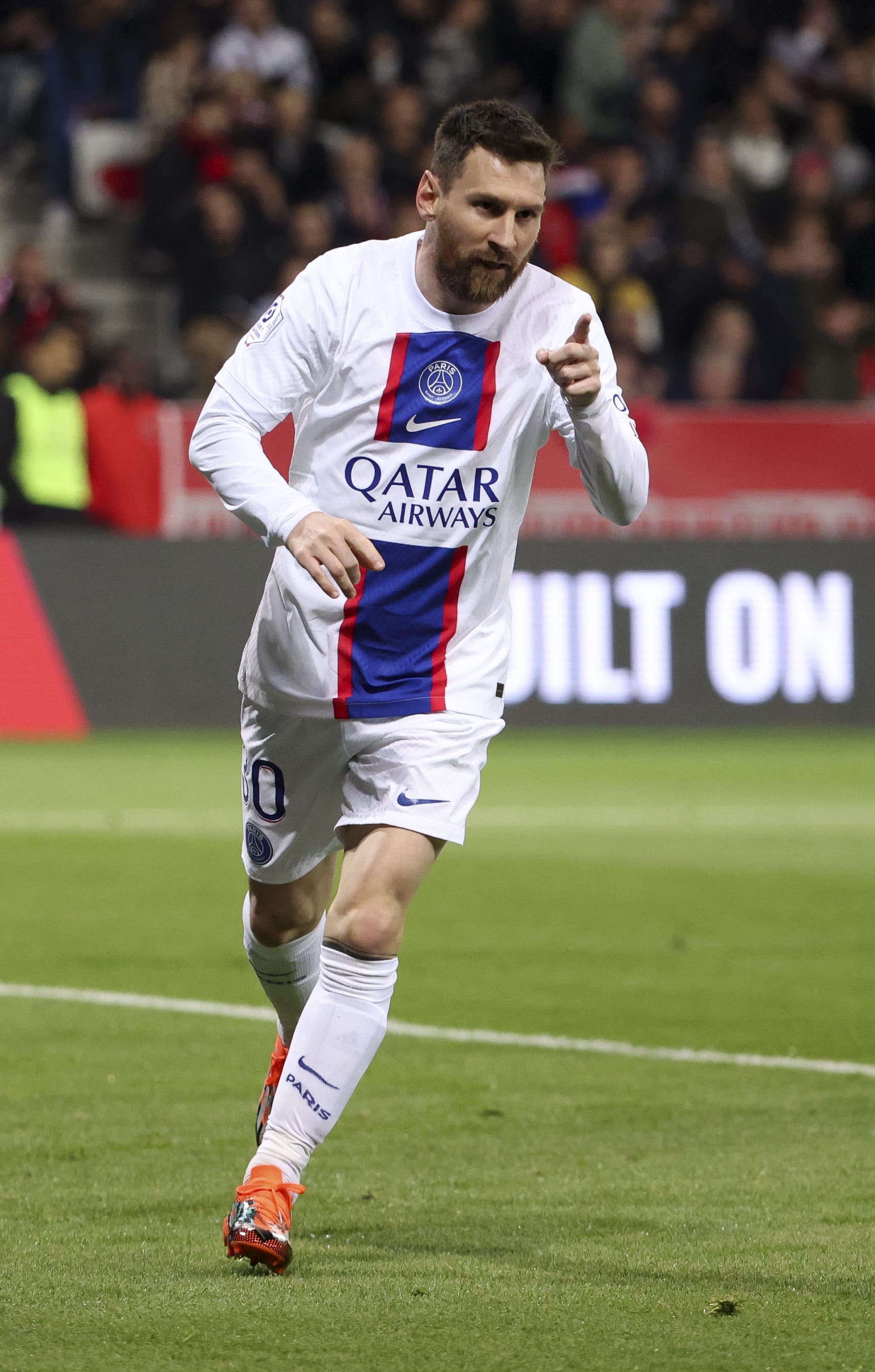 NICE, FRANCE - APRIL 8: Lionel Messi of PSG celebrates his goal during the Ligue 1 match between OGC Nice (OGCN, Gym) and Paris Saint-Germain (PSG) at Allianz Riviera stadium on April 8, 2023 in Nice, France. (Photo by Jean Catuffe/Getty Images)
