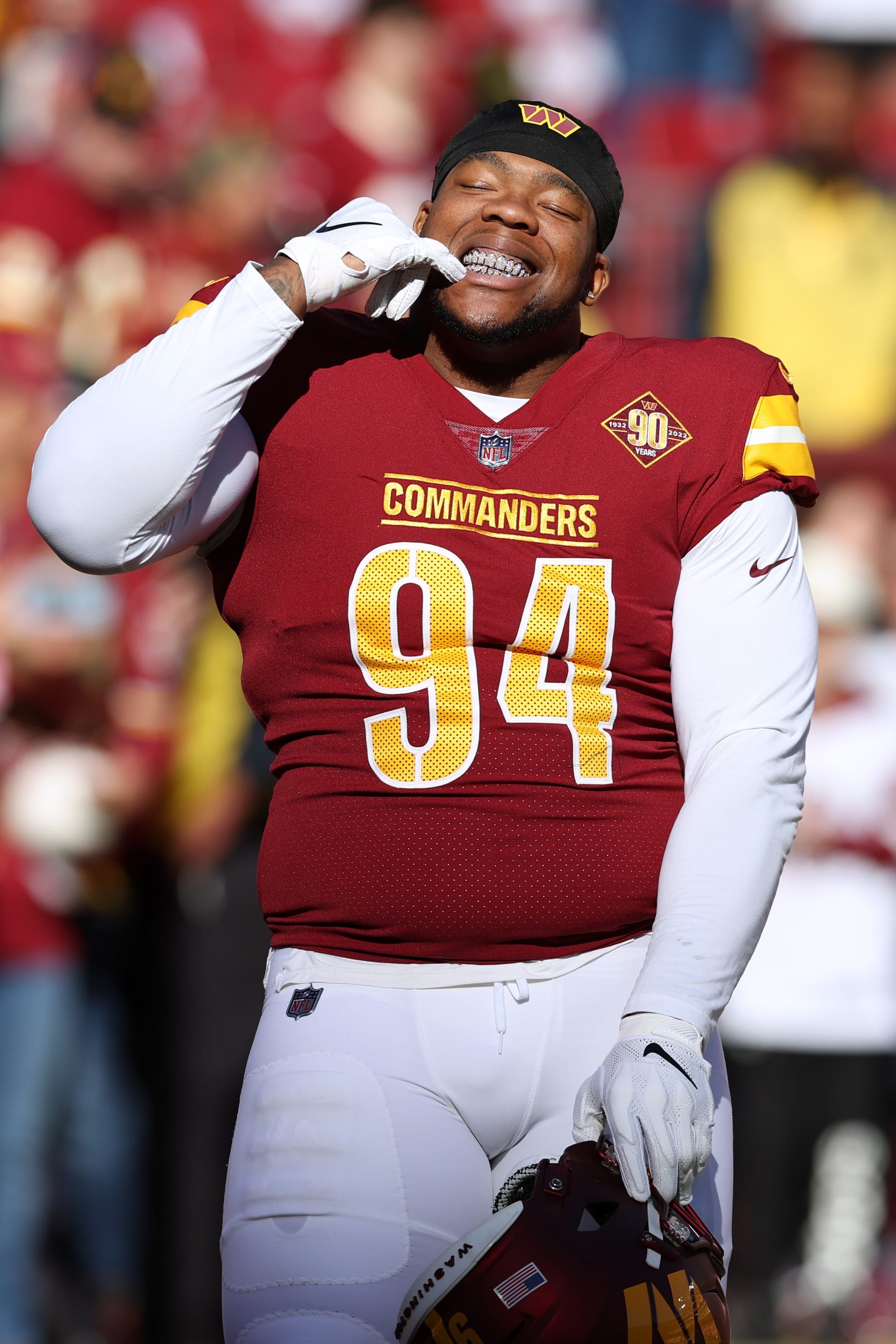 LANDOVER, MARYLAND - JANUARY 01: Daron Payne #94 of the Washington Commanders warms up before playing against the Cleveland Browns at FedExField on January 01, 2023 in Landover, Maryland. (Photo by Todd Olszewski/Getty Images)