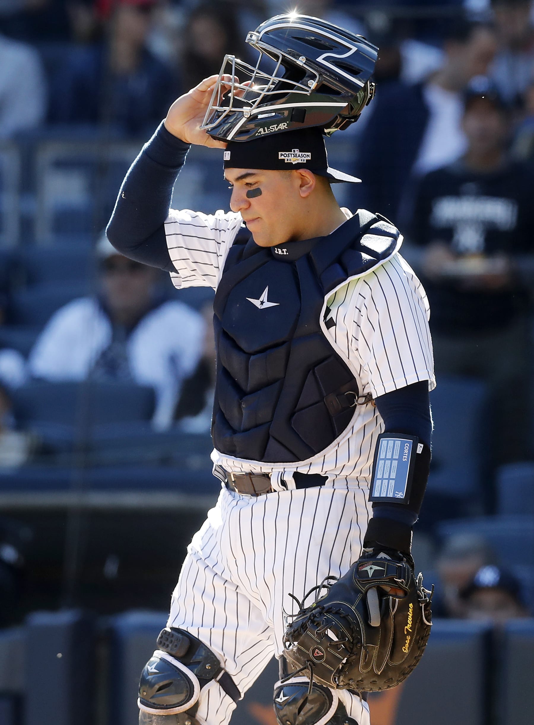 NEW YORK, NEW YORK - OCTOBER 14: (NEW YORK DAILIES OUT)  Jose Trevino #39 of the New York Yankees in action against the Cleveland Guardians during game two of the American League Division Series at Yankee Stadium on October 14, 2022 in New York, New York. The Guardians defeated the Yankees 4-2 in ten innings. (Photo by Jim McIsaac/Getty Images)