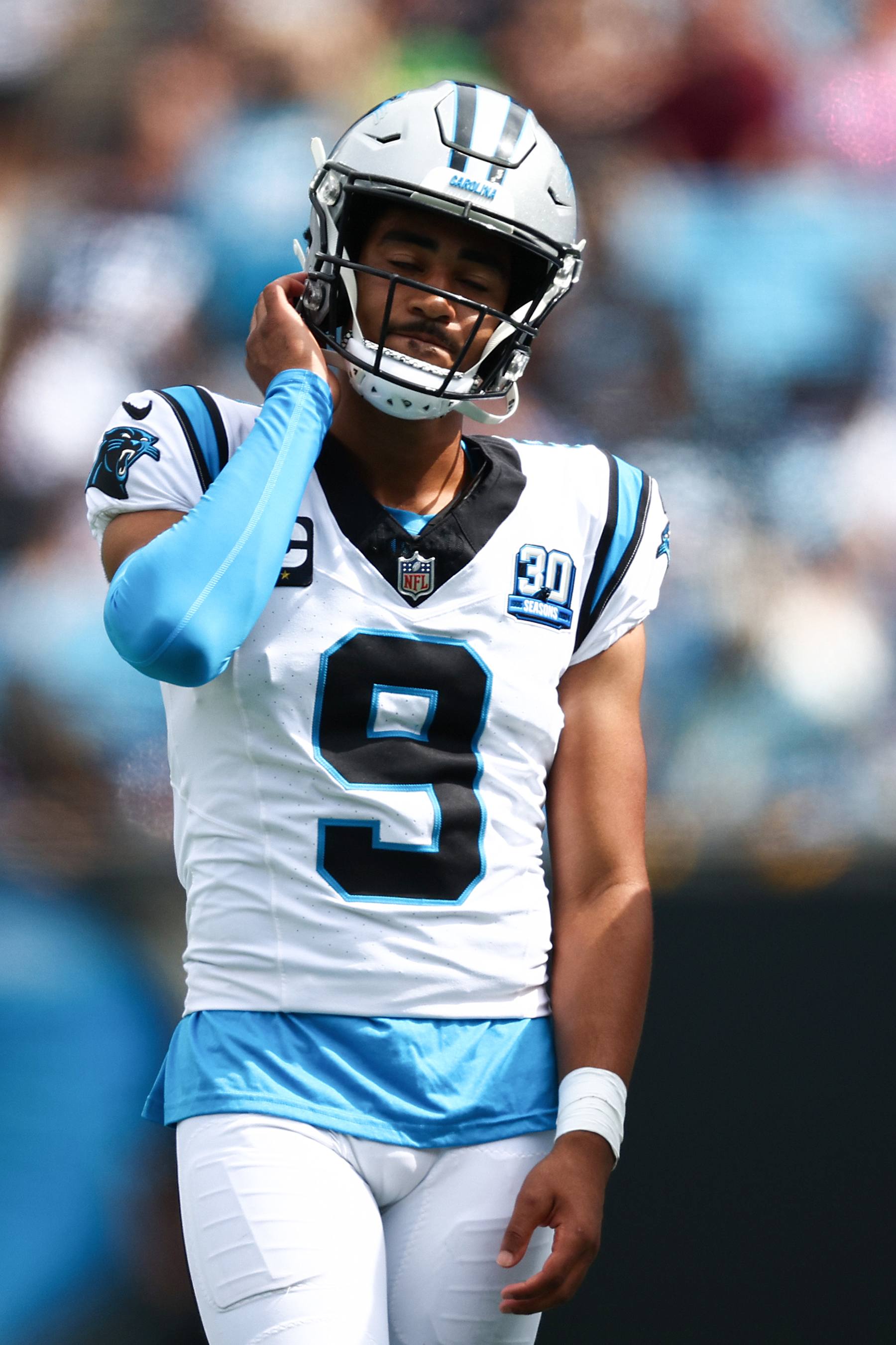 CHARLOTTE, NORTH CAROLINA - SEPTEMBER 15: Quarterback Bryce Young #9 of the Carolina Panthers reacts during the fourth quarter of a game against the Los Angeles Chargers at Bank of America Stadium on September 15, 2024 in Charlotte, North Carolina. (Photo by Jared C. Tilton/Getty Images)