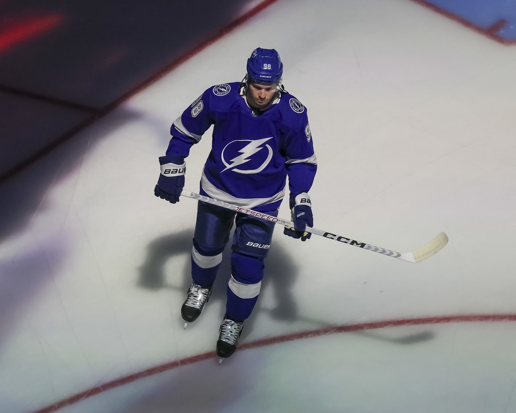 TAMPA, FL - APRIL 27: Mikhail Sergachev #98 of the Tampa Bay Lightning before the game against the Florida Panthers in Game Four of the First Round of the 2024 Stanley Cup Playoffs at Amalie Arena on April 27, 2024 in Tampa, Florida. (Photo by Mike Carlson/NHLI via Getty Images)