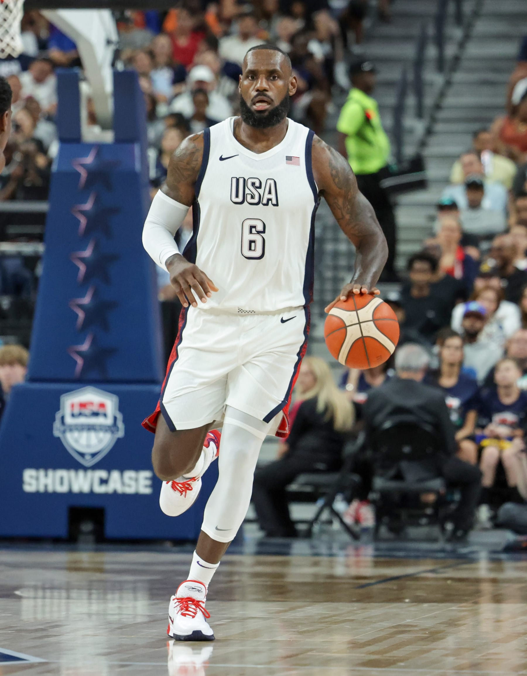 LAS VEGAS, NEVADA - JULY 10: LeBron James #6 of the United States brings the ball up the court against Canada in the second half of their exhibition game ahead of the Paris Olympic Games at T-Mobile Arena on July 10, 2024 in Las Vegas, Nevada. The United States defeated Canada 86-72. (Photo by Ethan Miller/Getty Images)