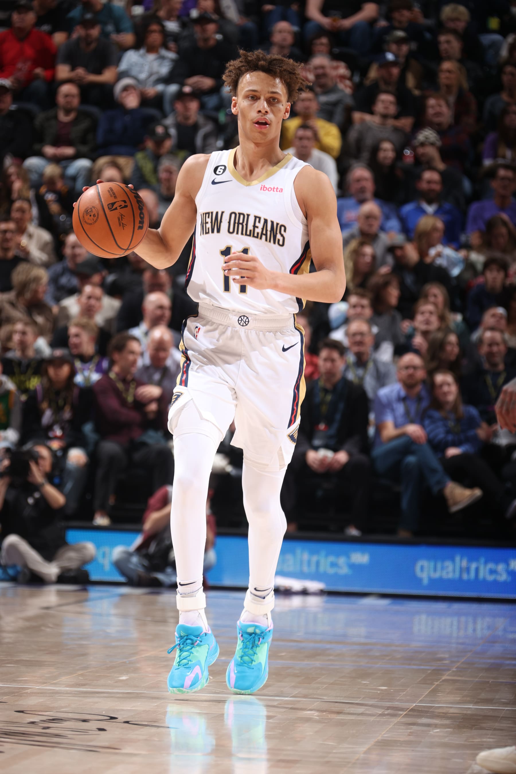 SALT LAKE CITY, UT - DECEMBER 15: Dyson Daniels #11 of the New Orleans Pelicans dribbles the ball during the game against the Utah Jazz on December 15, 2022 at vivint.SmartHome Arena in Salt Lake City, Utah. NOTE TO USER: User expressly acknowledges and agrees that, by downloading and or using this Photograph, User is consenting to the terms and conditions of the Getty Images License Agreement. Mandatory Copyright Notice: Copyright 2022 NBAE (Photo by Nathaniel S. Butler/NBAE via Getty Images)