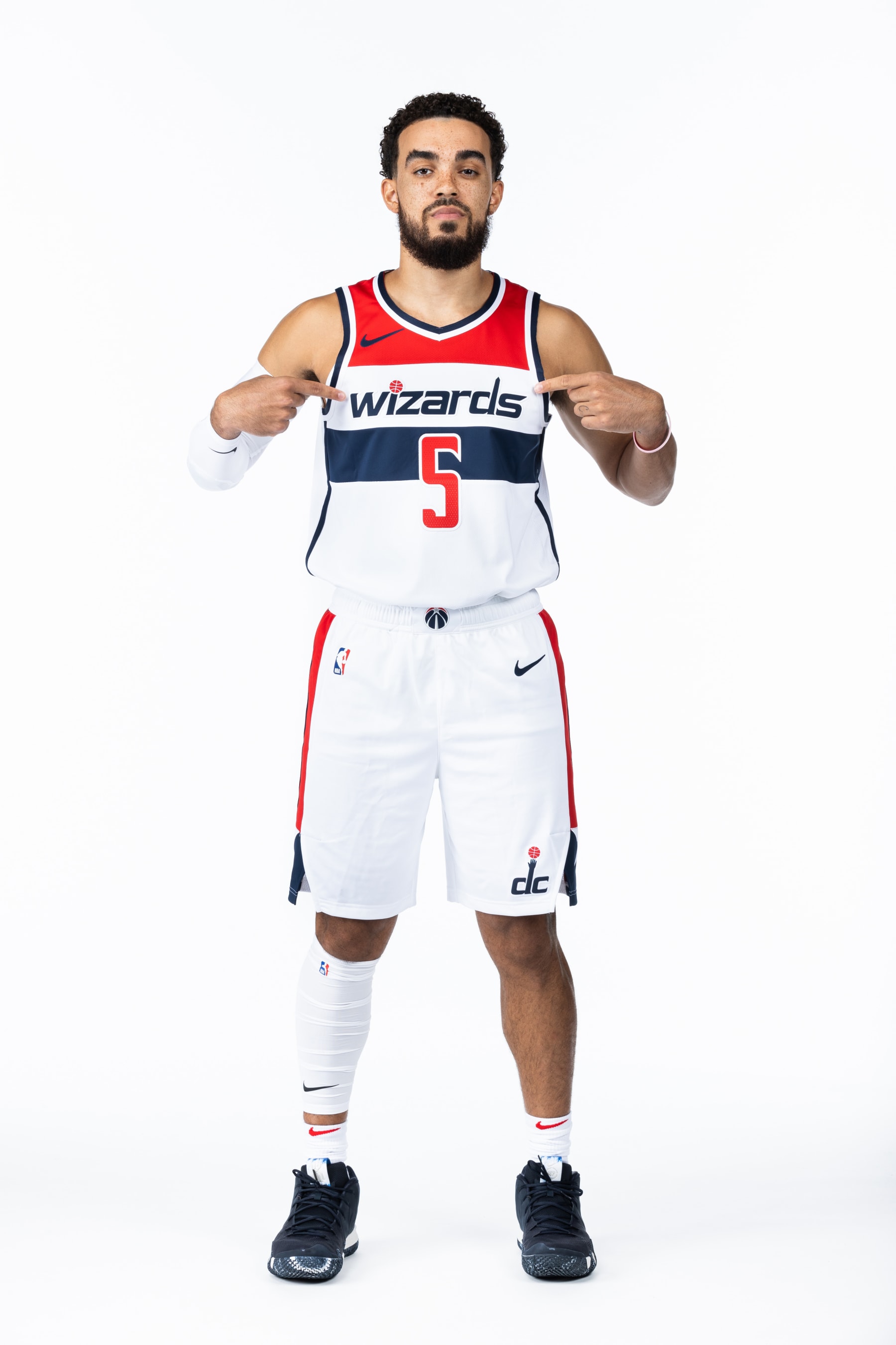 WASHINGTON, D.C - OCTOBER 02: Tyus Jones #5 of the Washington Wizards poses for a portrait during 2023-24 NBA Media Day on October 2, 2023 at Entertainment & Sports Arena in Washington, D.C. NOTE TO USER: User expressly acknowledges and agrees that, by downloading and or using this Photograph, user is consenting to the terms and conditions of the Getty Images License Agreement. Mandatory Copyright Notice: Copyright 2023 NBAE (Photo by Stephen Gosling/NBAE via Getty Images)