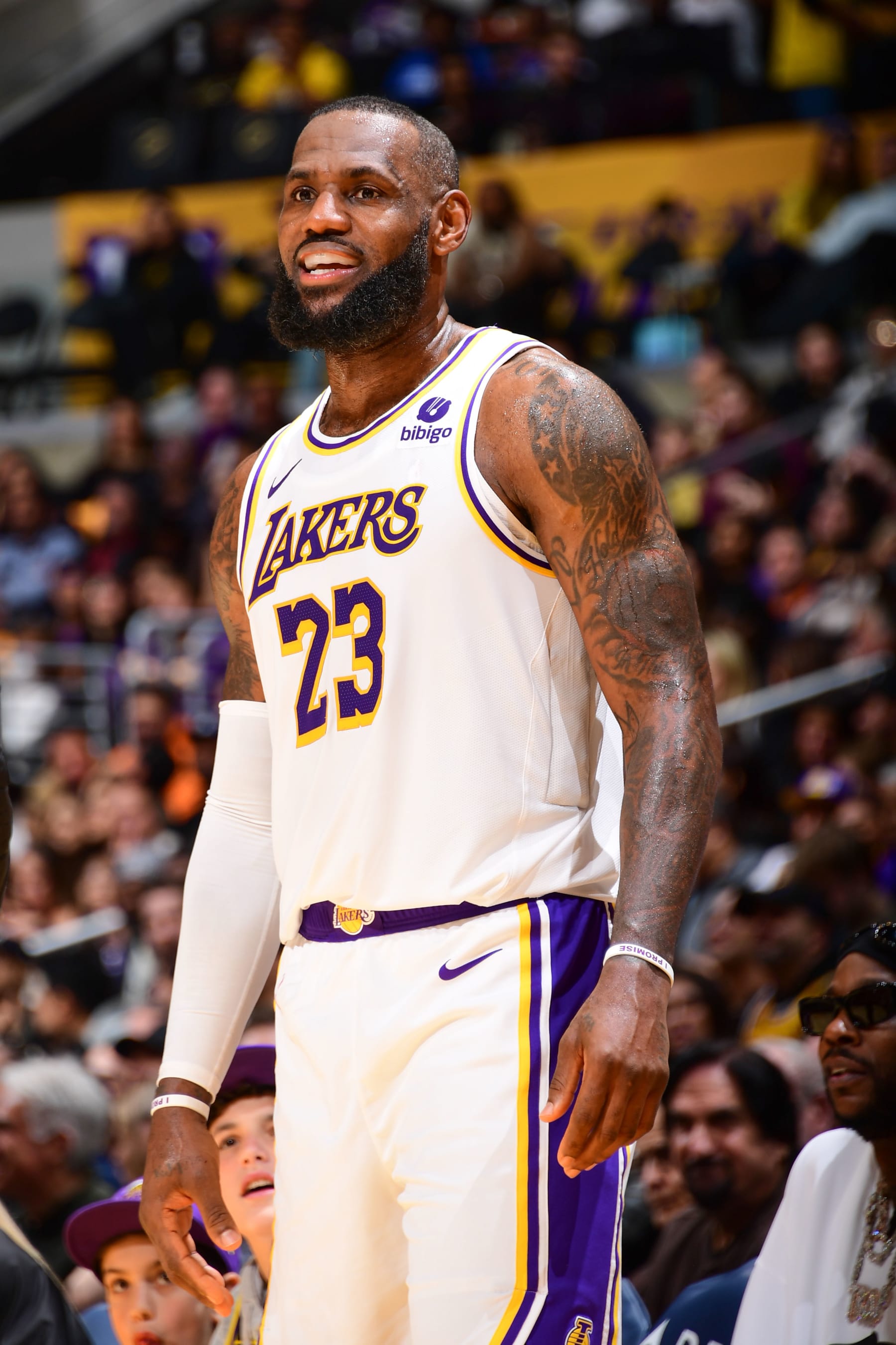 LOS ANGELES, CA - DECEMBER 2:  LeBron James #23 of the Los Angeles Lakers looks on during the game on December 2, 2023 at Crypto.Com Arena in Los Angeles, California. NOTE TO USER: User expressly acknowledges and agrees that, by downloading and/or using this Photograph, user is consenting to the terms and conditions of the Getty Images License Agreement. Mandatory Copyright Notice: Copyright 2023 NBAE (Photo by Adam Pantozzi/NBAE via Getty Images)