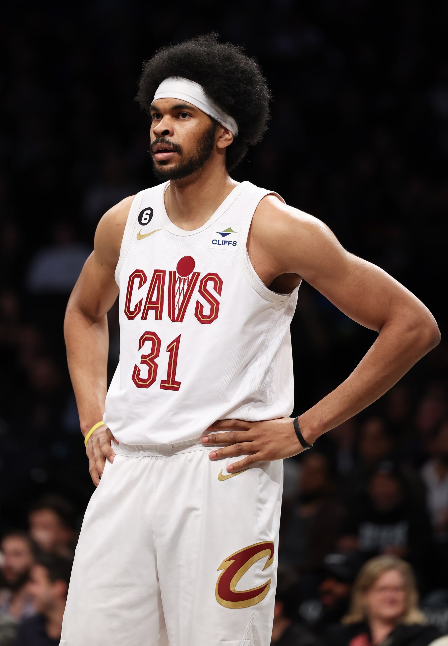 NEW YORK, NEW YORK - MARCH 21:   Jarrett Allen #31 of the Cleveland Cavaliers looks on against the Brooklyn Nets during their game at Barclays Center on March 21, 2023 in New York City.  User expressly acknowledges and agrees that, by downloading and or using this photograph, User is consenting to the terms and conditions of the Getty Images License Agreement.  (Photo by Al Bello/Getty Images)