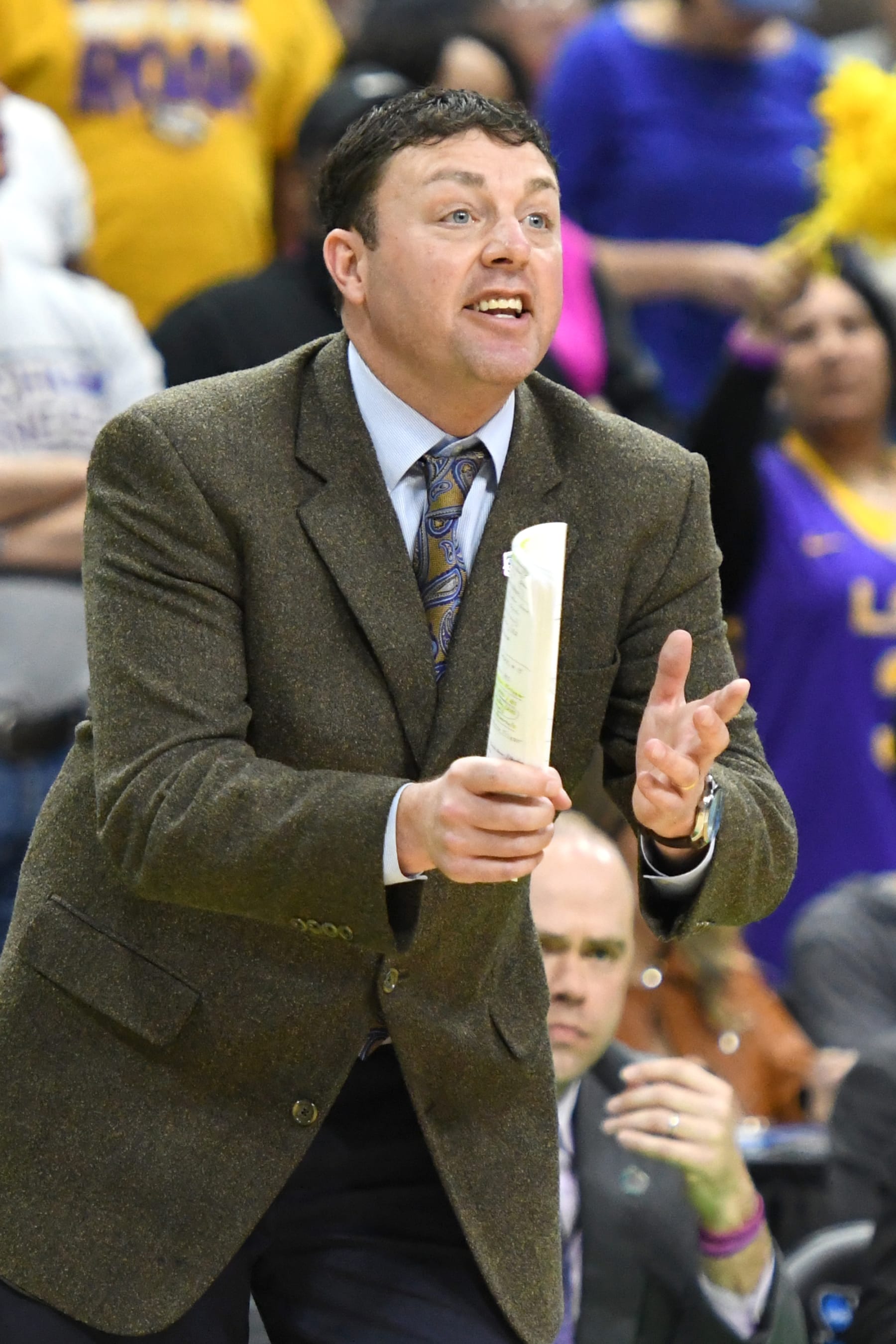 JACKSONVILLE, FL - MARCH 21:  Assistant coach Greg Heiar signals his players during the First Round of the NCAA Basketball Tournament against the Yale Bulldogs at the VyStar Veterans Memorial Arena on March 21, 2019 in Jacksonville, Florida.  (Photo by Mitchell Layton/Getty Images)