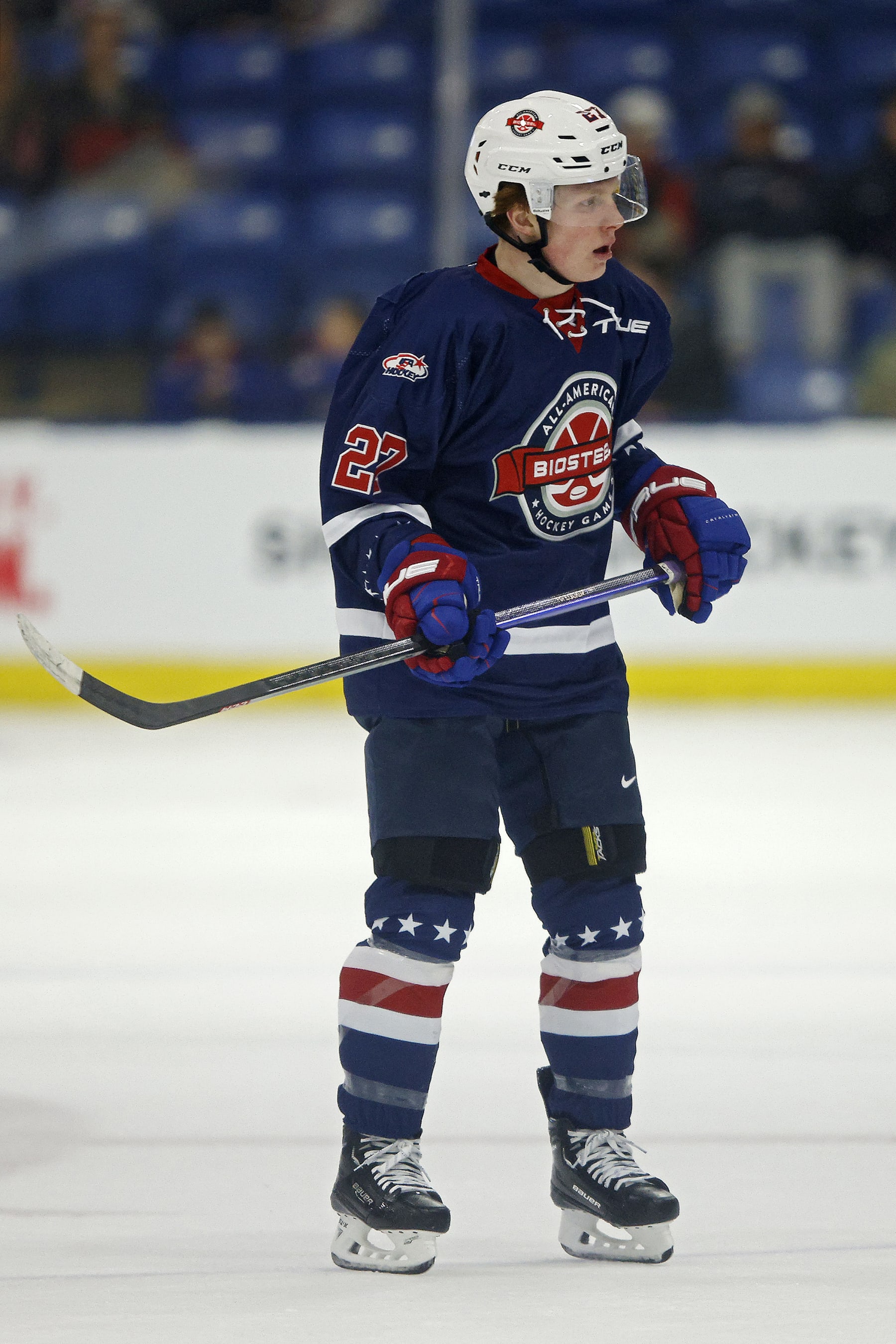 PLYMOUTH, MICHIGAN - JANUARY 16: William Whitelaw #27 skates the ice in the first period of the 2023 BioSteel All-American game at USA Hockey Arena on January 16, 2023 in Plymouth, Michigan. (Photo by Mike Mulholland/Getty Images)