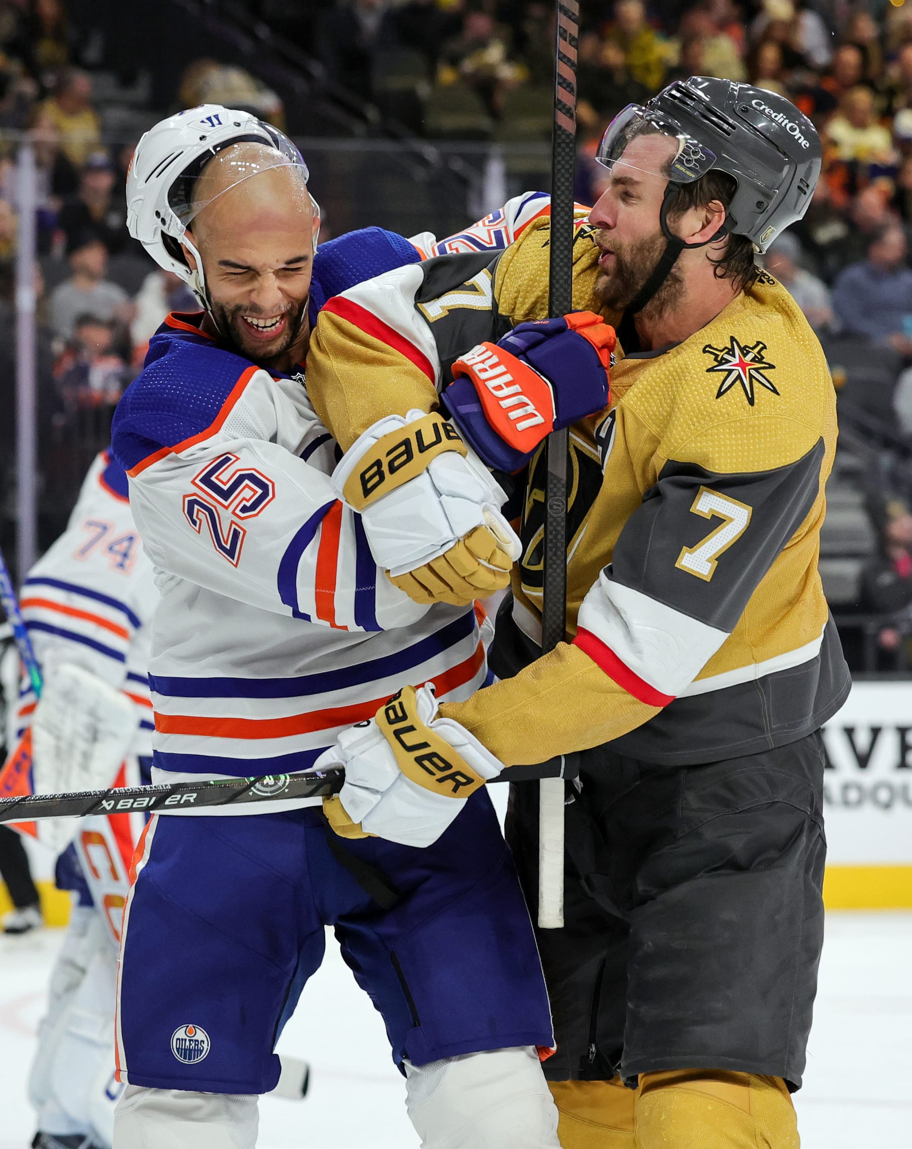 LAS VEGAS, NEVADA - FEBRUARY 06: Darnell Nurse #25 of the Edmonton Oilers and Alex Pietrangelo #7 of the Vegas Golden Knights scuffle in the second period of their game at T-Mobile Arena on February 06, 2024 in Las Vegas, Nevada. The Golden Knights defeated the Oilers 3-1. (Photo by Ethan Miller/Getty Images)