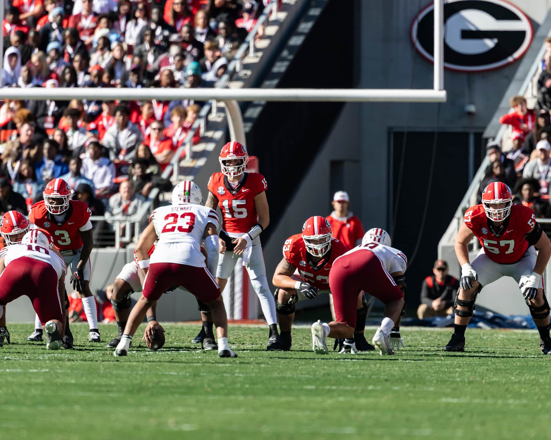 ATHENS, GEORGIA - NOVEMBER 23: Carson Beck #15 of the Georgia Bulldogs calls the signals during a game between the Massachusetts Minutemen and the Georgia Bulldogs at Sanford Stadium on November 23, 2024 in Athens, Georgia.  (Photo by Steve Limentani/ISI Photos/Getty Images)