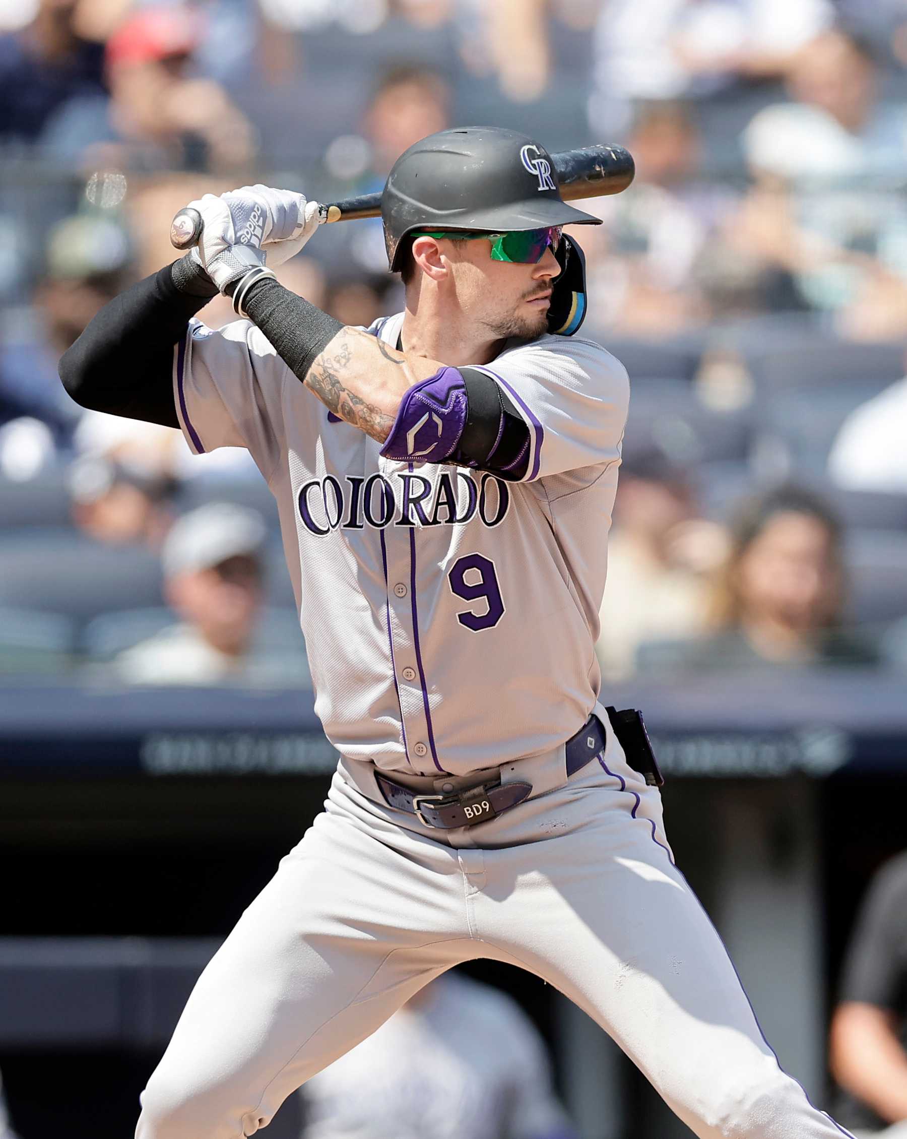 NEW YORK, NEW YORK - AUGUST 25:  Brenton Doyle #9 of the Colorado Rockies in action against the New York Yankees at Yankee Stadium on August 25, 2024 in New York City. The Yankees defeated the Rockies 10-3. (Photo by Jim McIsaac/Getty Images)