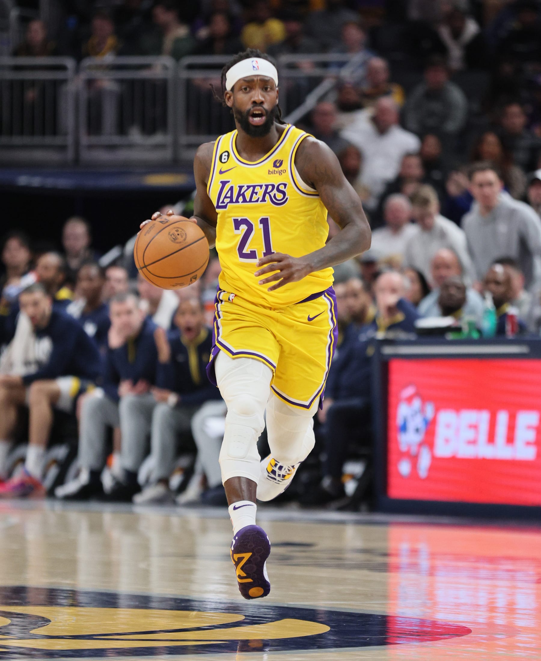 INDIANAPOLIS, INDIANA - FEBRUARY 02: Patrick Beverley #21of the Los Angeles Lakers against the Indiana Pacers at Gainbridge Fieldhouse on February 02, 2023 in Indianapolis, Indiana.  NOTE TO USER: User expressly acknowledges and agrees that, by downloading and/or using this photograph, User is consenting to the terms and conditions of the Getty Images License Agreement. (Photo by Andy Lyons/Getty Images)