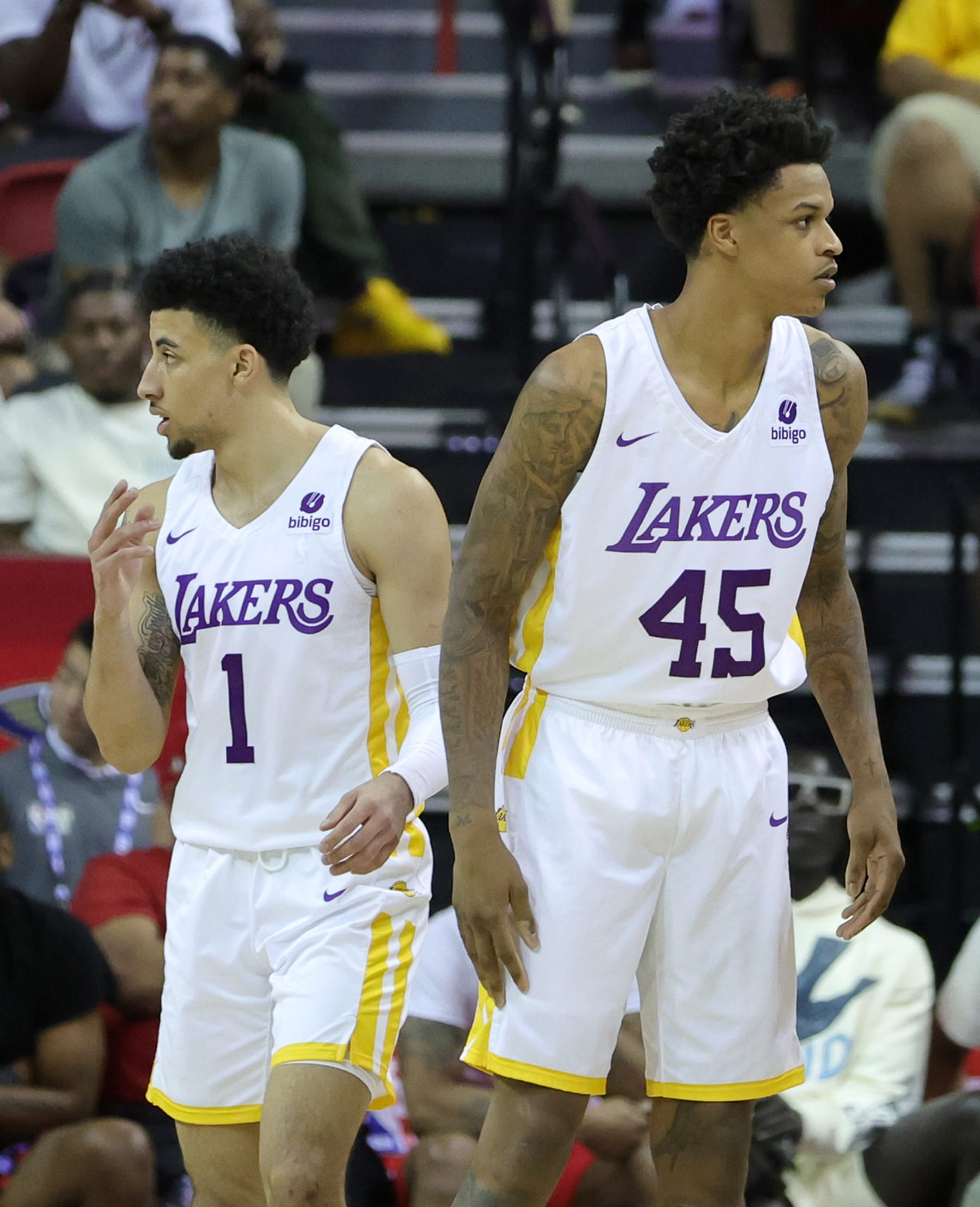 LAS VEGAS, NEVADA - JULY 08: Scotty Pippen Jr. #1 and Shareef O'Neal #45 of the Los Angeles Lakers stand on the court during a game against the Phoenix Suns during the 2022 NBA Summer League at the Thomas & Mack Center on July 08, 2022 in Las Vegas, Nevada. NOTE TO USER: User expressly acknowledges and agrees that, by downloading and or using this photograph, User is consenting to the terms and conditions of the Getty Images License Agreement. (Photo by Ethan Miller/Getty Images)