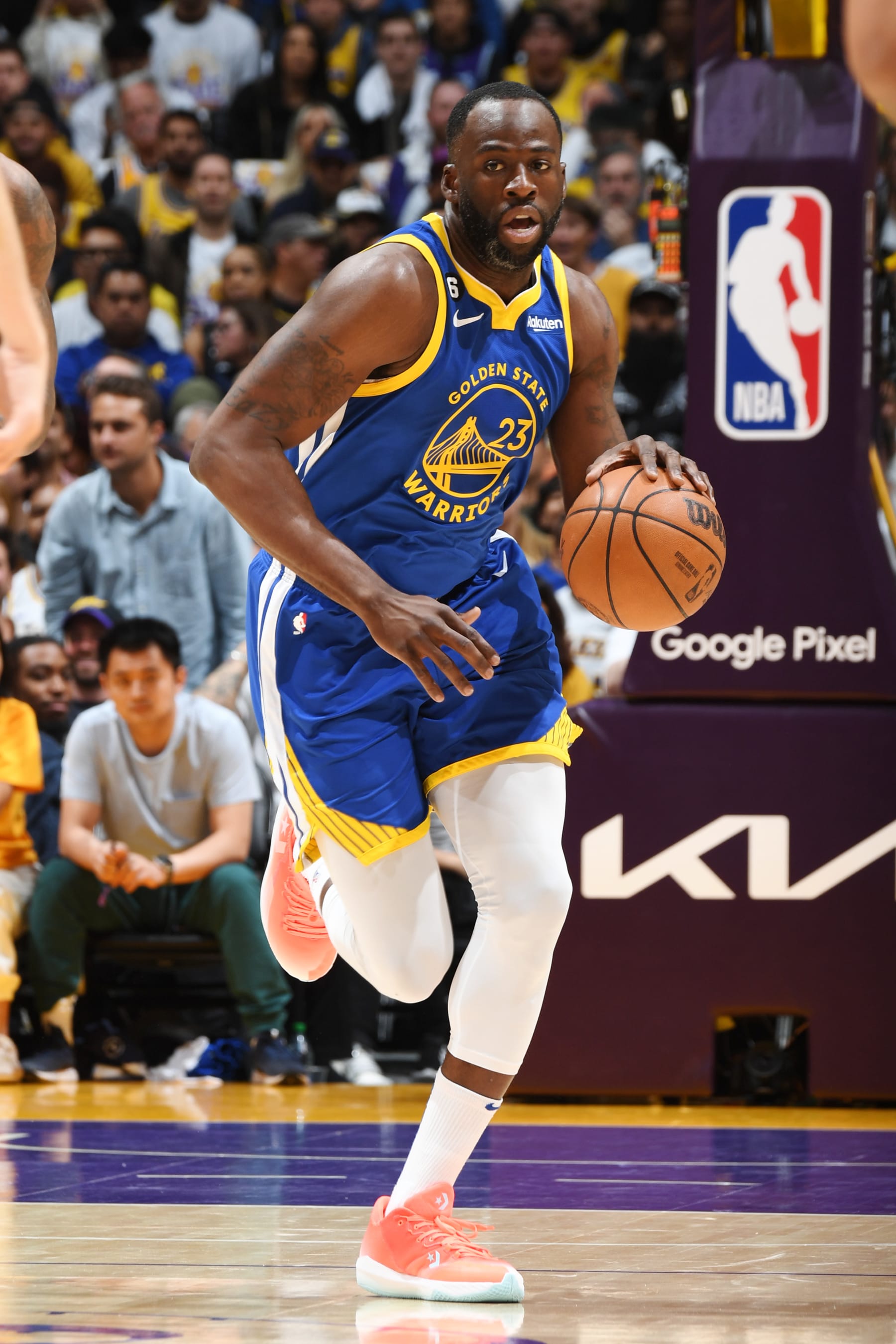 LOS ANGELES, CA - MAY 6: Draymond Green #23 of the Golden State Warriors dribbles the ball during Round 2 Game 3 of the Western Conference Semi-Finals 2023 NBA Playoffs against the Los Angeles Lakers on May 6, 2023 at Crypto.Com Arena in Los Angeles, California. NOTE TO USER: User expressly acknowledges and agrees that, by downloading and/or using this Photograph, user is consenting to the terms and conditions of the Getty Images License Agreement. Mandatory Copyright Notice: Copyright 2023 NBAE (Photo by Andrew D. Bernstein/NBAE via Getty Images)