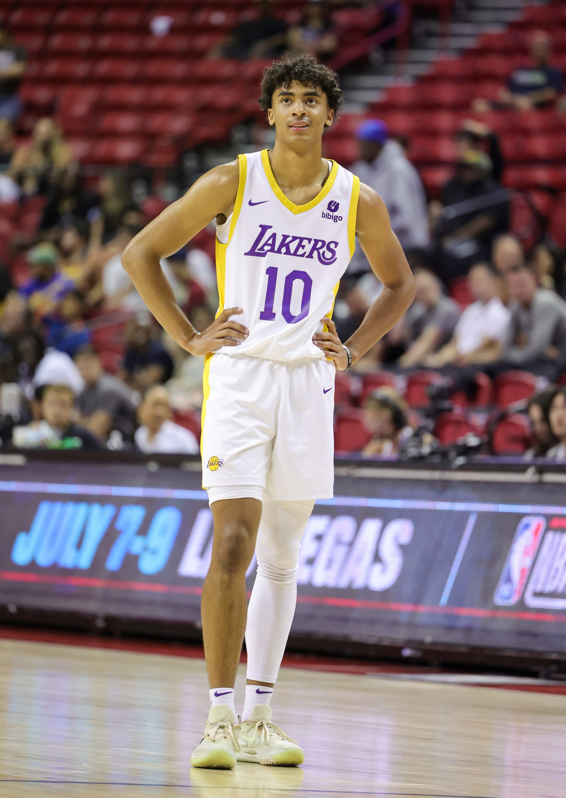 LAS VEGAS, NEVADA - JULY 07: Max Christie #10 of the Los Angeles Lakers stands on the court in the second half of a 2023 NBA Summer League game against the Golden State Warriors at the Thomas & Mack Center on July 07, 2023 in Las Vegas, Nevada. NOTE TO USER: User expressly acknowledges and agrees that, by downloading and or using this photograph, User is consenting to the terms and conditions of the Getty Images License Agreement. (Photo by Ethan Miller/Getty Images)