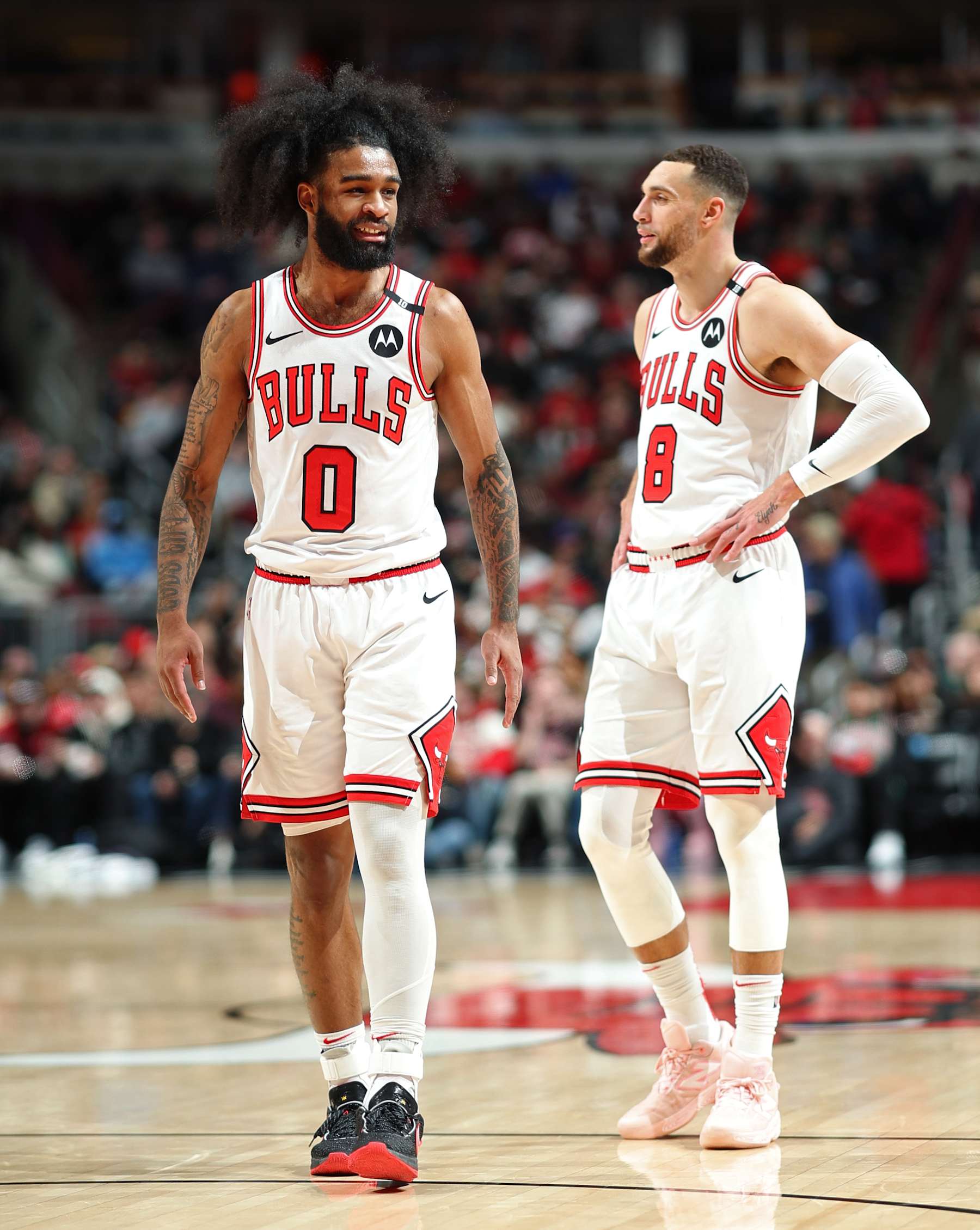 CHICAGO, IL - JANUARY 15: Coby White #0 and Zach LaVine #8 of the Chicago Bulls looks on during the game against the Atlanta Hawks on January 15, 2025 at United Center in Chicago, Illinois. NOTE TO USER: User expressly acknowledges and agrees that, by downloading and or using this photograph, User is consenting to the terms and conditions of the Getty Images License Agreement. Mandatory Copyright Notice: Copyright 2025 NBAE (Photo by Jeff Haynes/NBAE via Getty Images)