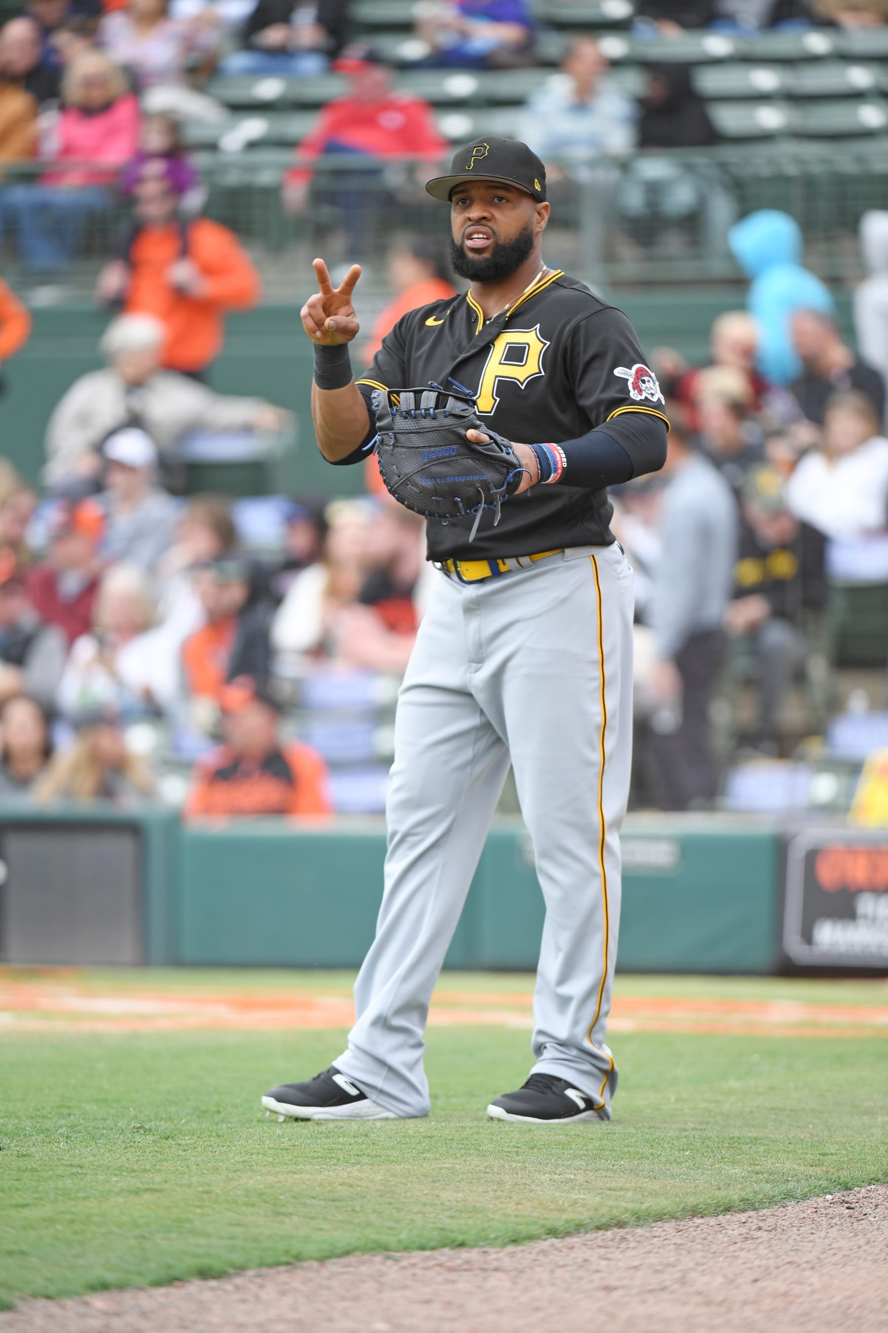 SARASOTA, FLORIDA - MARCH 19, 2023: Carlos Santana #41 of the Pittsburgh Pirates warms up prior to a spring training game against the Baltimore Orioles at Ed Smith Stadium on March 19, 2023 in Sarasota, Florida. (Photo by George Kubas/Diamond Images via Getty Images)