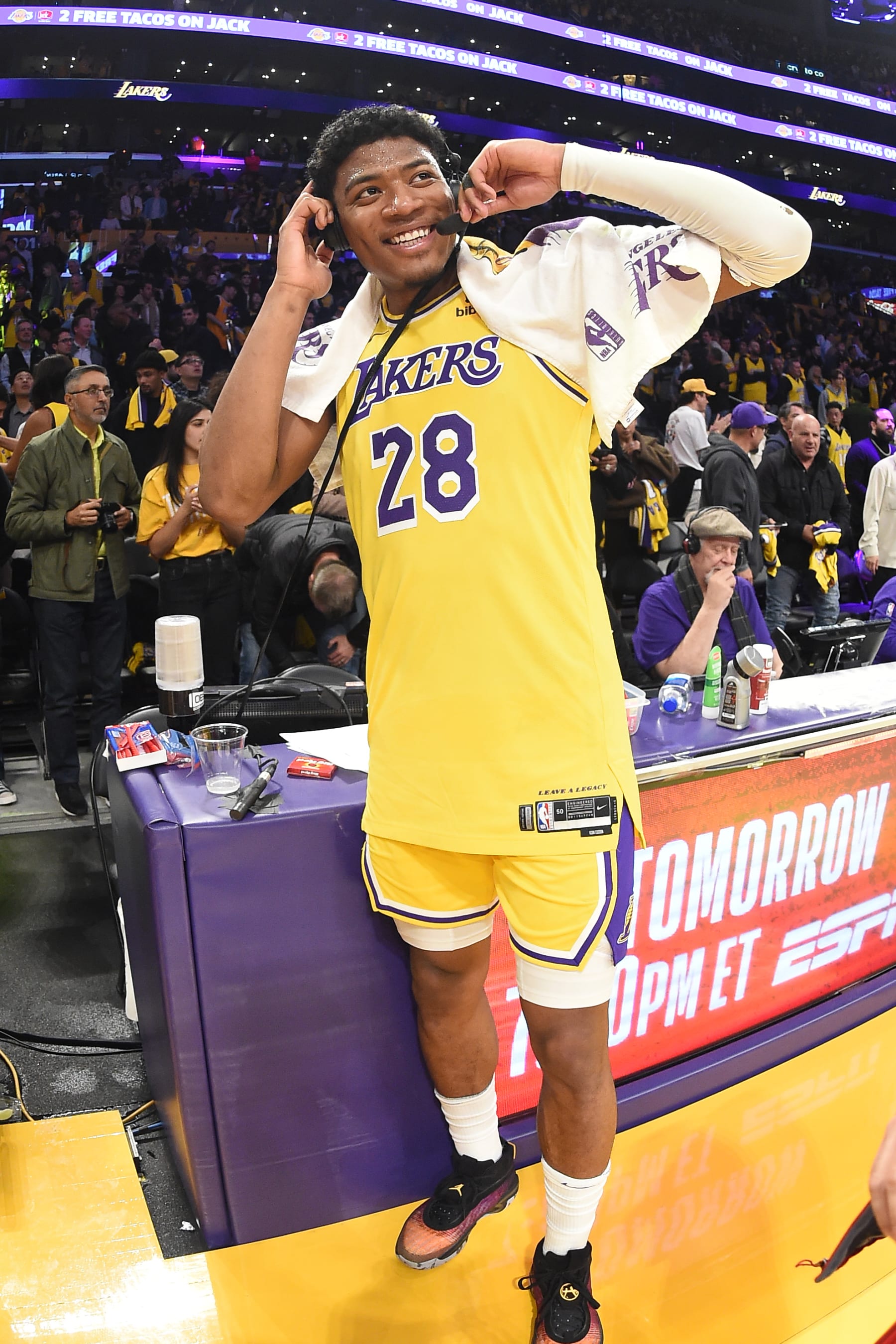 LOS ANGELES, CA - MARCH 7: Rui Hachimura #28 of the Los Angeles Lakers interviews after the game against the Memphis Grizzlies on March 7, 2023 at Crypto.Com Arena in Los Angeles, California. NOTE TO USER: User expressly acknowledges and agrees that, by downloading and/or using this Photograph, user is consenting to the terms and conditions of the Getty Images License Agreement. Mandatory Copyright Notice: Copyright 2023 NBAE (Photo by Andrew D. Bernstein/NBAE via Getty Images)