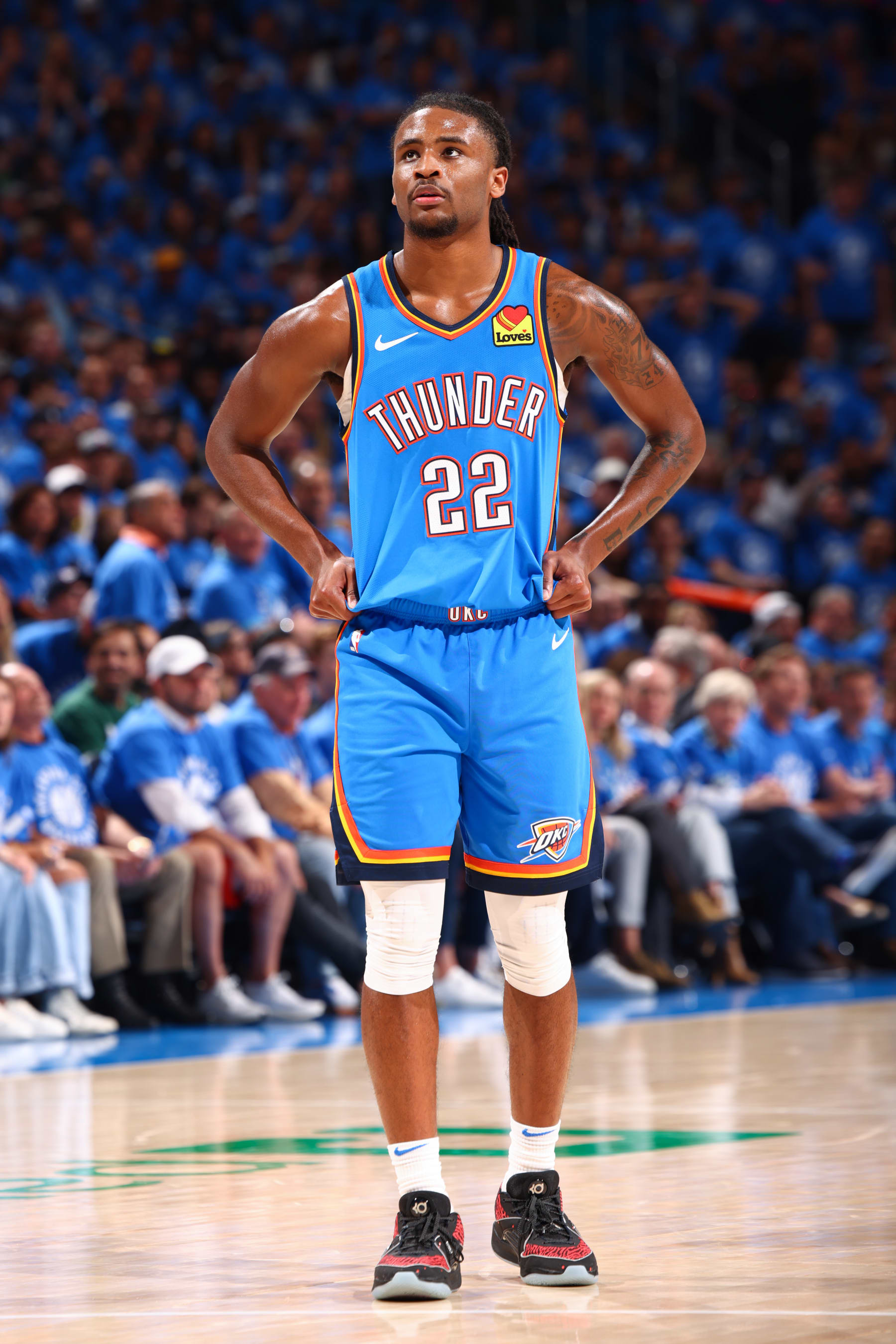 OKLAHOMA CITY, OK - MAY 9: Cason Wallace #22 of the Oklahoma City Thunder looks on during the game against the Dallas Mavericks during Round Two Game Two of the 2024 NBA Playoffs on May 9, 2024 at Paycom Arena in Oklahoma City, Oklahoma. NOTE TO USER: User expressly acknowledges and agrees that, by downloading and or using this photograph, User is consenting to the terms and conditions of the Getty Images License Agreement. Mandatory Copyright Notice: Copyright 2024 NBAE (Photo by Zach Beeker/NBAE via Getty Images)
