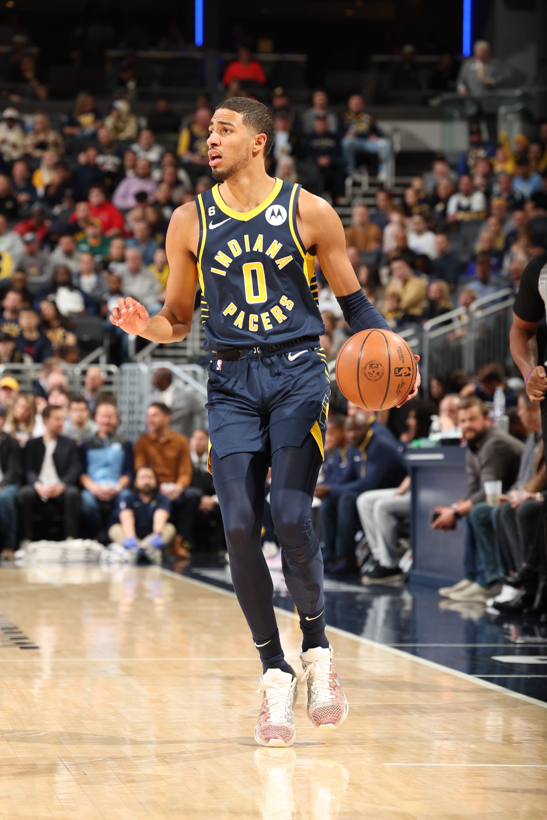 INDIANAPOLIS, IN - NOVEMBER 7: Tyrese Haliburton #0 of the Indiana Pacers dribbles the ball during the game against the New Orleans Pelicans on November 7, 2022 at Gainbridge Fieldhouse in Indianapolis, Indiana. NOTE TO USER: User expressly acknowledges and agrees that, by downloading and or using this Photograph, user is consenting to the terms and conditions of the Getty Images License Agreement. Mandatory Copyright Notice: Copyright 2022 NBAE (Photo by Jeff Haynes/NBAE via Getty Images)