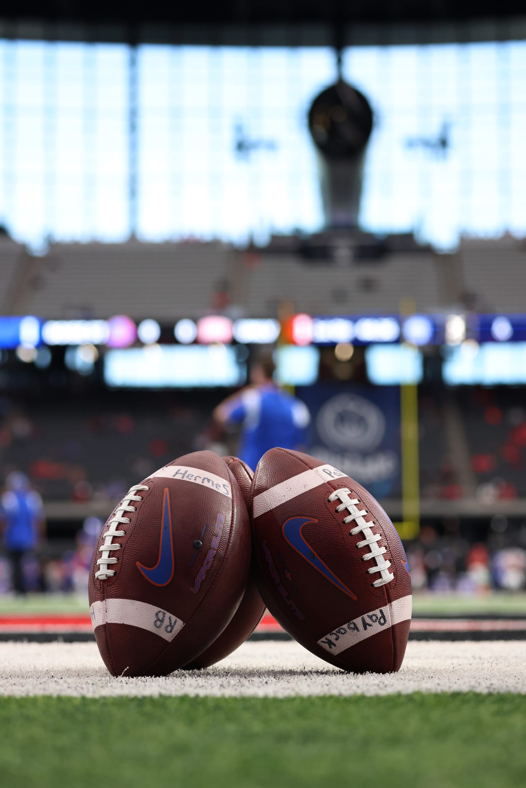 LAS VEGAS, NV - DECEMBER 02: A general view of Boise State Broncos footballs before the start of a Mountain West Championship Game between the Boise State Broncos and the UNLV Rebels Saturday, Dec. 2, 2023, at Allegiant Stadium in Las Vegas, Nevada. (Photo by Marc Sanchez/Icon Sportswire via Getty Images)
