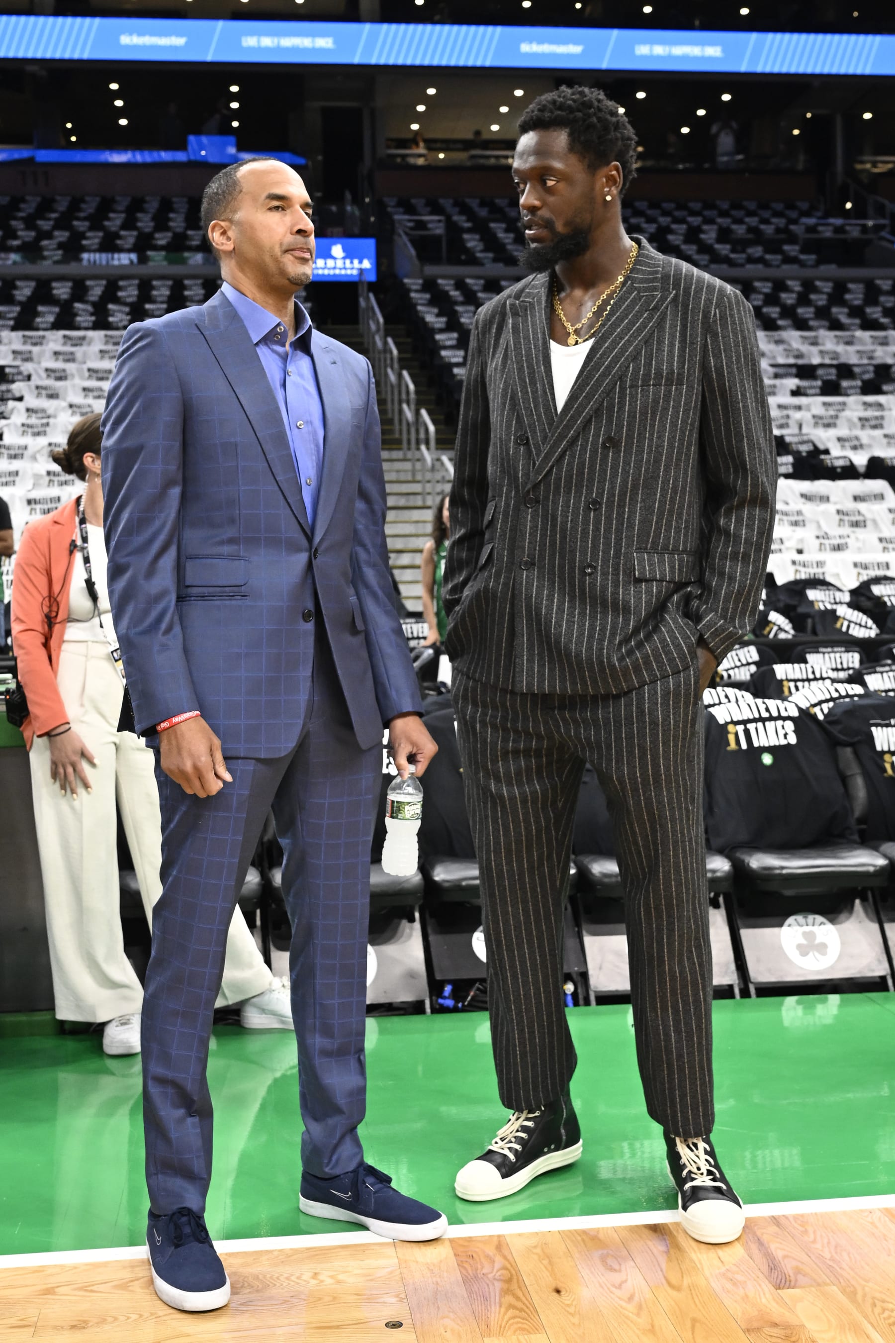 BOSTON, MA - JUNE 17: Nico Harrison of the Dallas Mavericks and Julius Randle #30 of the New York Knicks speak before the game against the Boston Celtics during Game 5 of the 2024 NBA Finals on June 17, 2024 at the TD Garden in Boston, Massachusetts. NOTE TO USER: User expressly acknowledges and agrees that, by downloading and or using this photograph, User is consenting to the terms and conditions of the Getty Images License Agreement. Mandatory Copyright Notice: Copyright 2024 NBAE  (Photo by David Dow/NBAE via Getty Images)