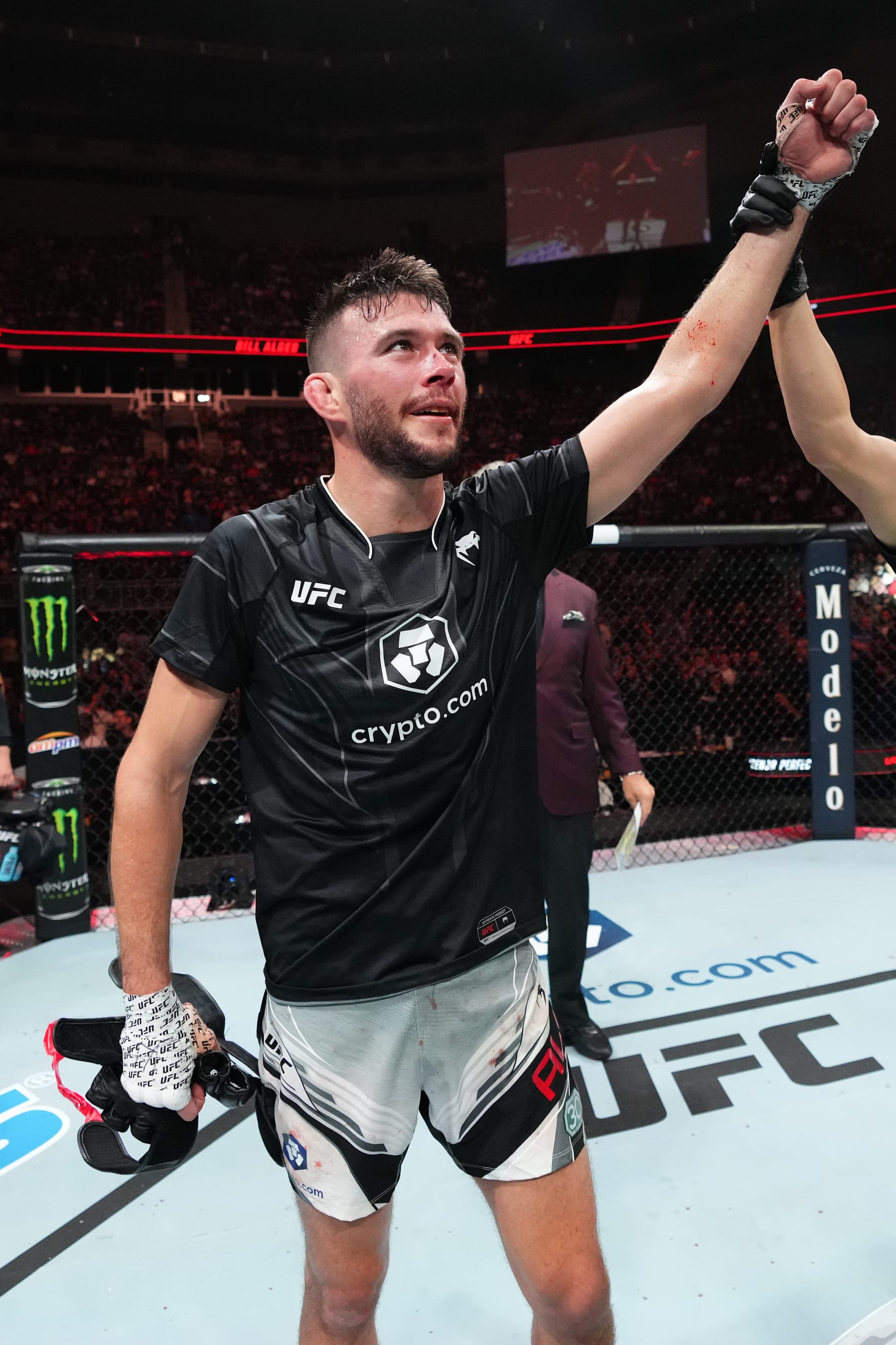 KANSAS CITY, MISSOURI - APRIL 15: Bill Algeo reacts after submitting TJ Brown in a featherweight fight during the UFC Fight Night event at T-Mobile Center on April 15, 2023 in Kansas City, Missouri. (Photo by Josh Hedges/Zuffa LLC via Getty Images)
