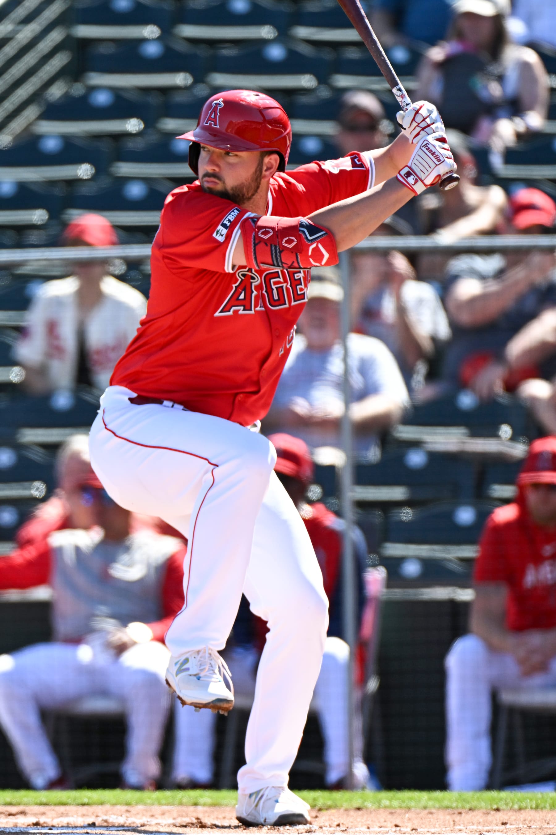 TEMPE, ARIZONA - FEBRUARY 29, 2024: Nolan Schanuel #18 of the Los Angeles Angels bats during the first inning of a spring training game against the Cleveland Guardians at Tempe Diablo Stadium on February 29, 2024 in Tempe, Arizona. (Photo by David Durochik/Diamond Images via Getty Images)