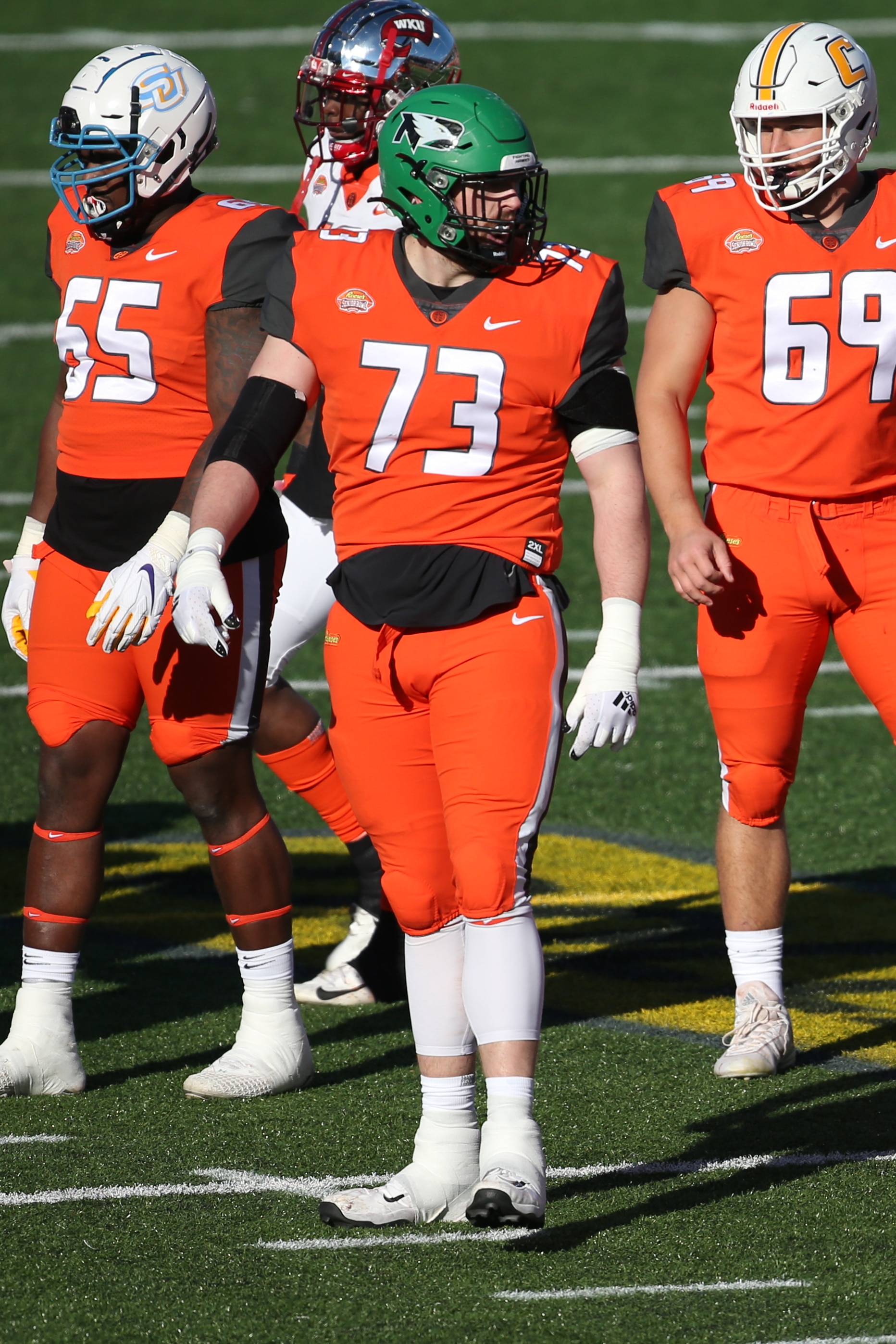 MOBILE, AL - FEBRUARY 05: National offensive lineman Matt Waletzko of North Dakota (73) during the Reese's Senior Bowl on February 5, 2022 at Hancock Whitney Stadium in Mobile, Alabama.  (Photo by Michael Wade/Icon Sportswire via Getty Images)