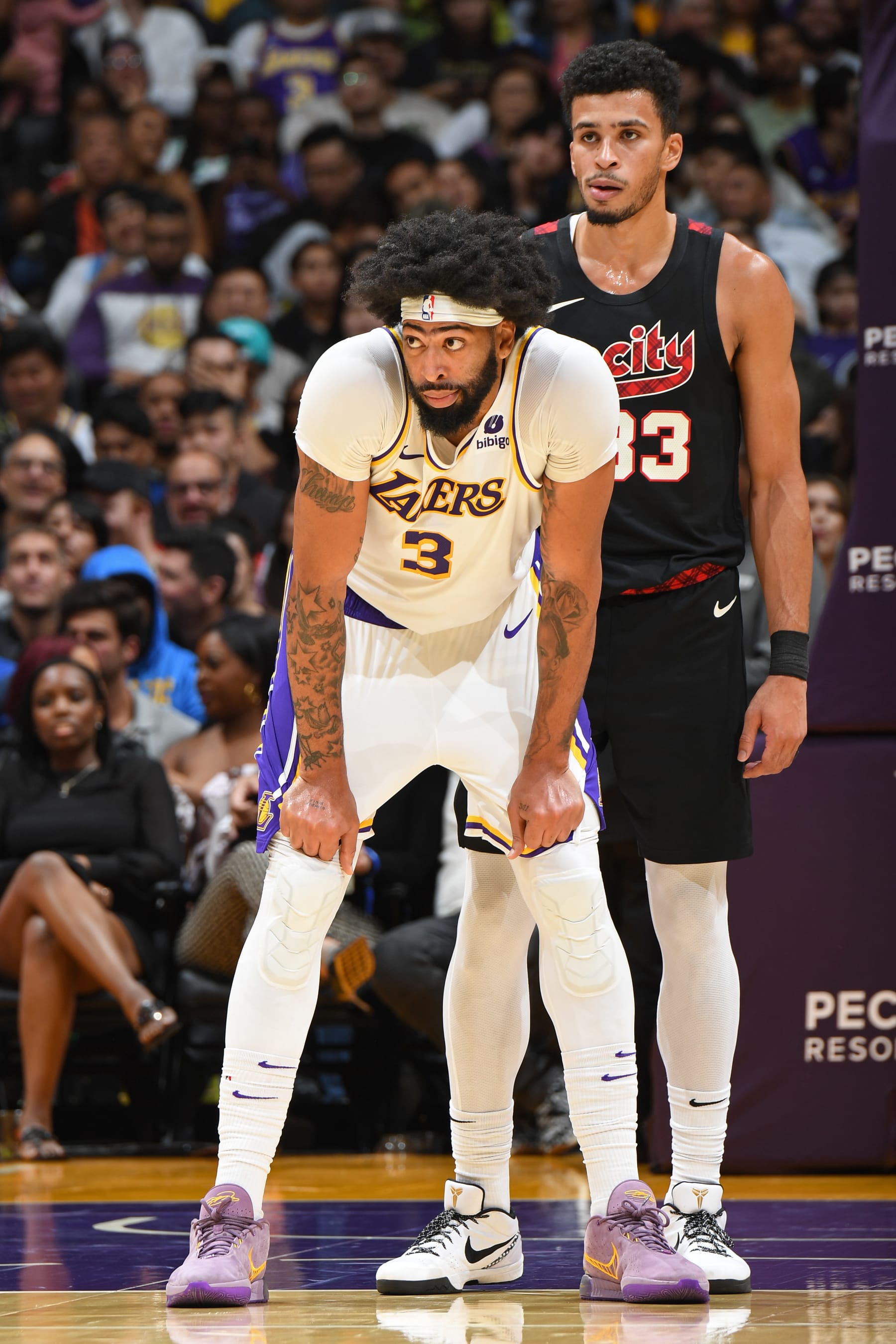 LOS ANGELES, CA - NOVEMBER 12: Anthony Davis #3 of the Los Angeles Lakers looks on during the game against the Portland Trail Blazers on November 12, 2023 at Crypto.Com Arena in Los Angeles, California. NOTE TO USER: User expressly acknowledges and agrees that, by downloading and/or using this Photograph, user is consenting to the terms and conditions of the Getty Images License Agreement. Mandatory Copyright Notice: Copyright 2023 NBAE (Photo by Andrew D. Bernstein/NBAE via Getty Images)