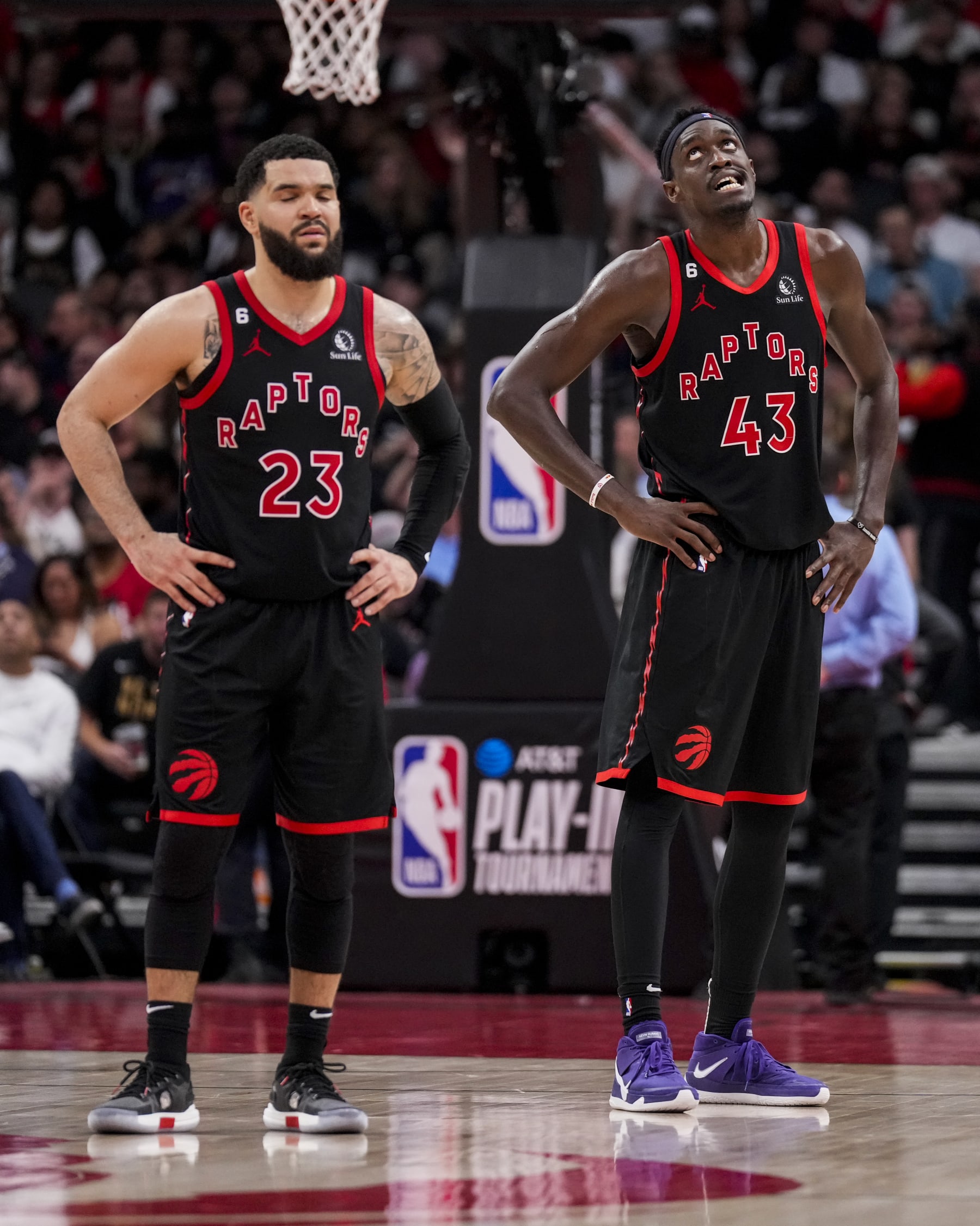 TORONTO, ON - APRIL 12: Fred VanVleet #23 and Pascal Siakam #43 of the Toronto Raptors look on against the Chicago Bulls during the 2023 Play-In Tournament at the Scotiabank Arena on April 12, 2023 in Toronto, Ontario, Canada. NOTE TO USER: User expressly acknowledges and agrees that, by downloading and/or using this Photograph, user is consenting to the terms and conditions of the Getty Images License Agreement. (Photo by Andrew Lahodynskyj/Getty Images)