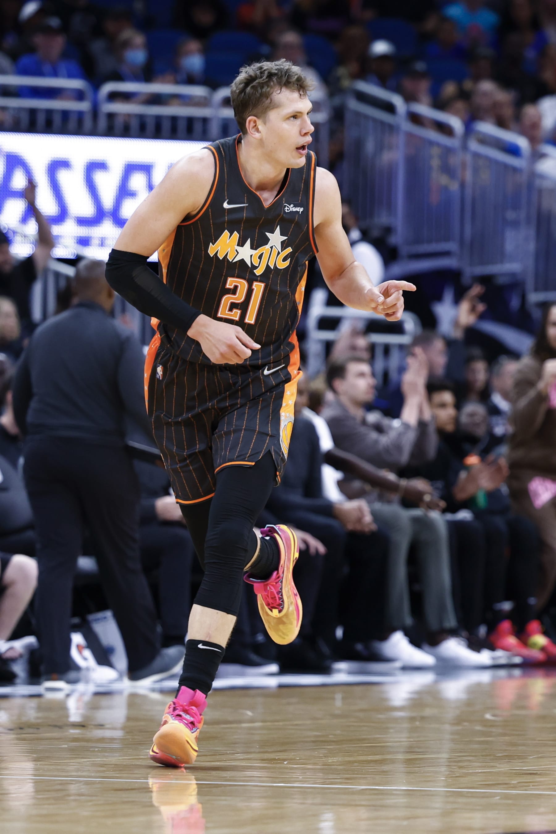 ORLANDO, FLORIDA - APRIL 10: Moritz Wagner #21 of the Orlando Magic reacts during the first quarter against the Miami Heat at Amway Center on April 10, 2022 in Orlando, Florida. NOTE TO USER: User expressly acknowledges and agrees that, by downloading and or using this photograph, User is consenting to the terms and conditions of the Getty Images License Agreement. (Photo by Douglas P. DeFelice/Getty Images)